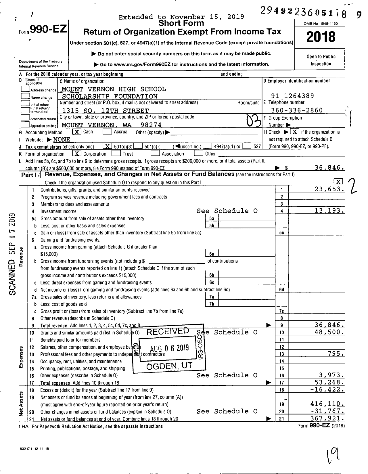 Image of first page of 2018 Form 990EZ for Mount Vernon High School Scholarship Foundation