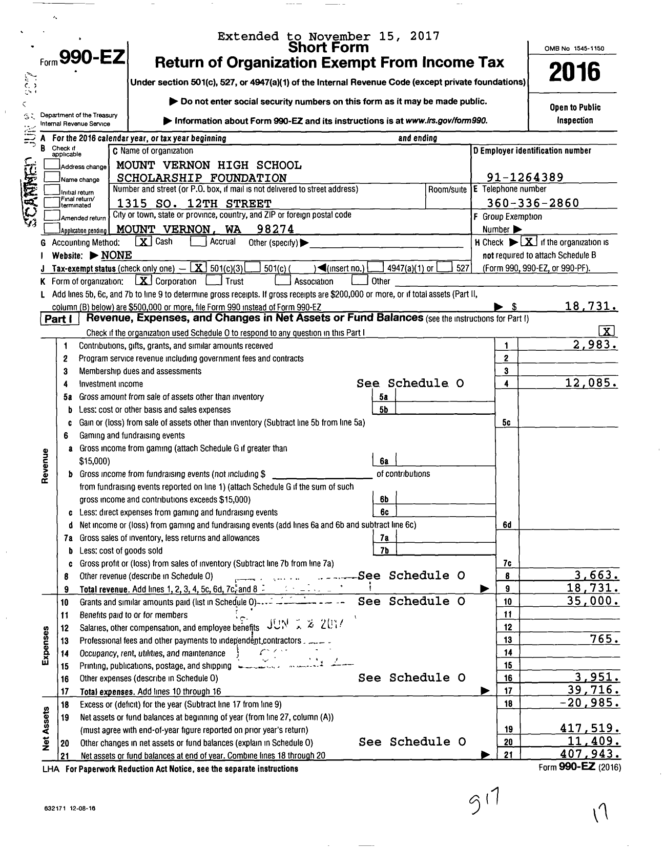 Image of first page of 2016 Form 990EZ for Mount Vernon High School Scholarship Foundation