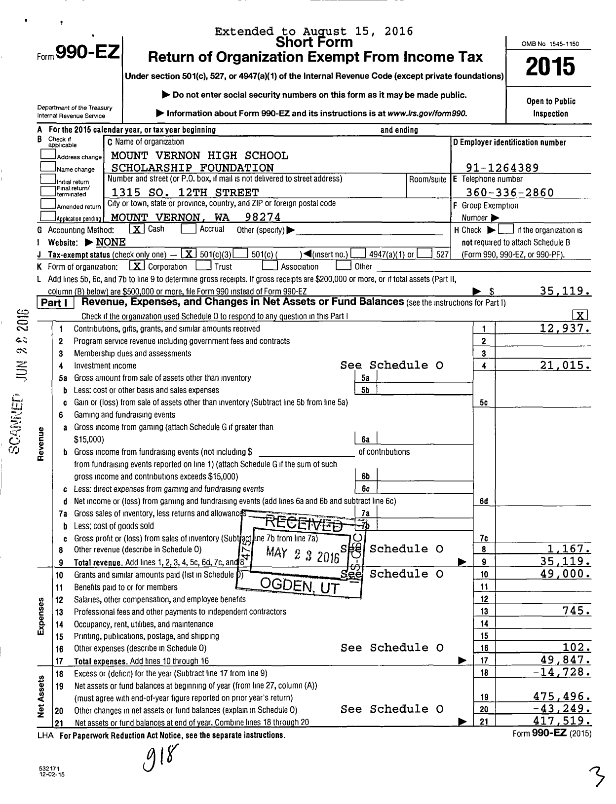 Image of first page of 2015 Form 990EZ for Mount Vernon High School Scholarship Foundation