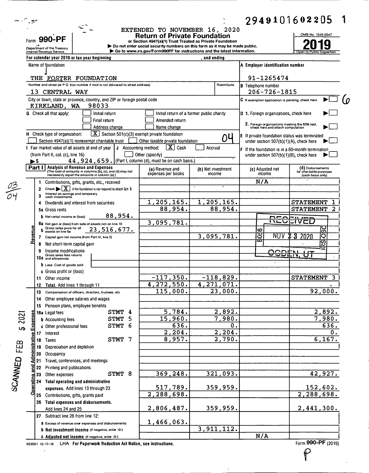 Image of first page of 2019 Form 990PF for The Foster Foundation