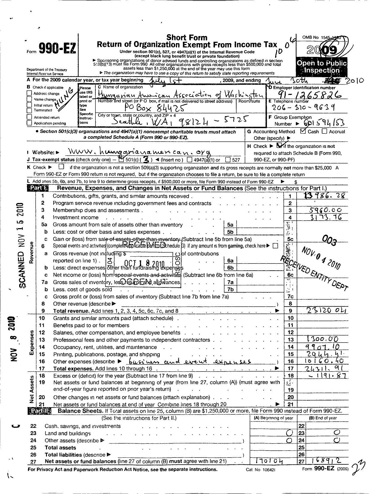 Image of first page of 2009 Form 990EZ for Hungarian American Association of Washington