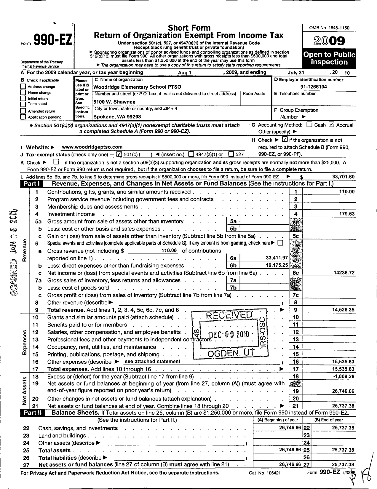 Image of first page of 2009 Form 990EO for Woodridge Ptso