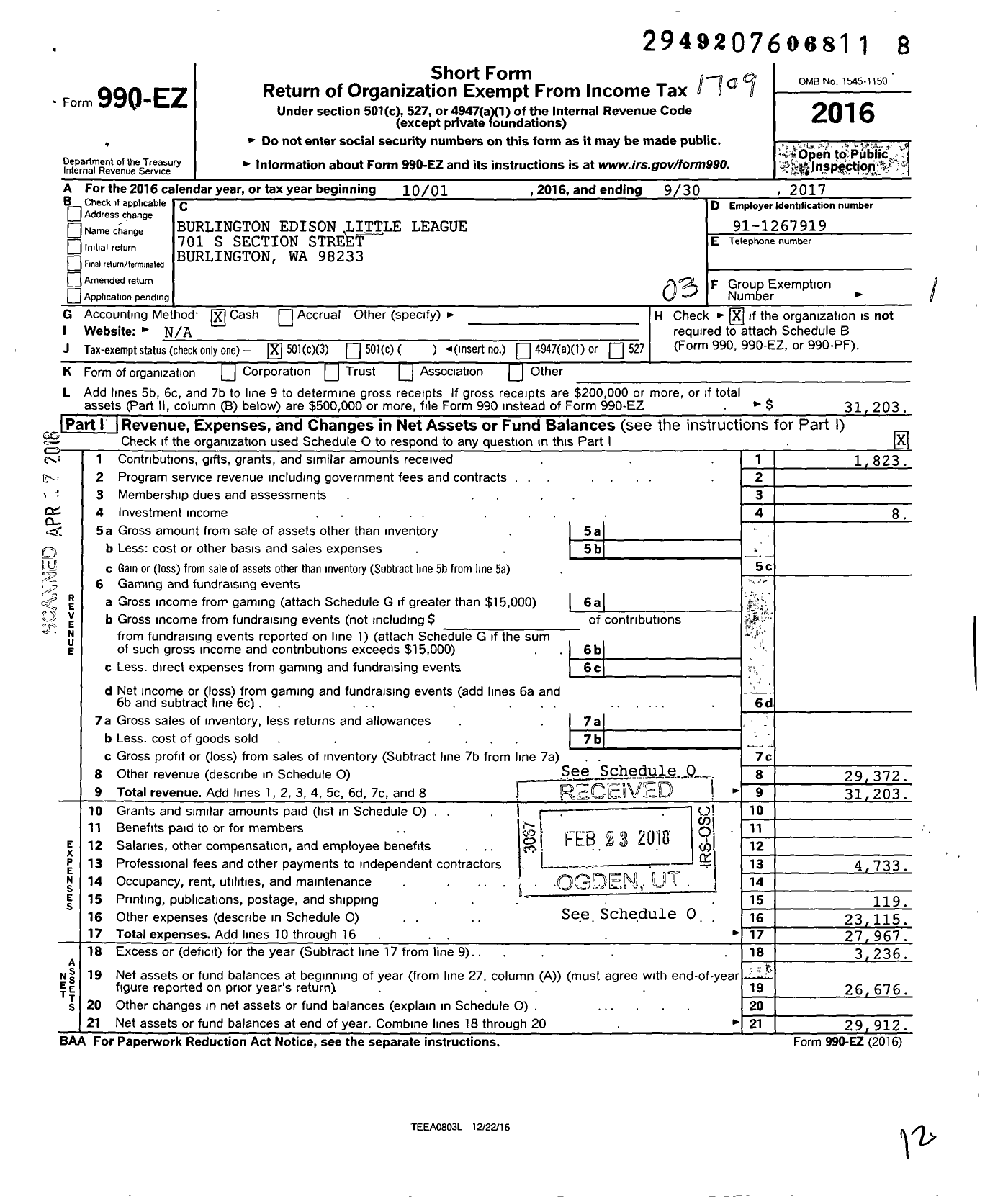 Image of first page of 2016 Form 990EZ for Little League Baseball - 4471102 Burlington Edison Youth LL