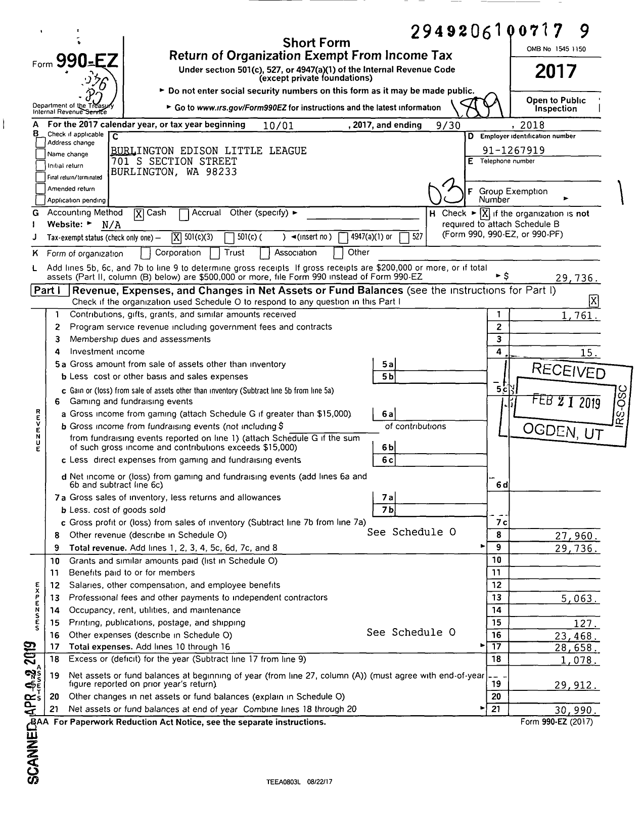 Image of first page of 2017 Form 990EZ for Little League Baseball - 4471102 Burlington Edison Youth LL