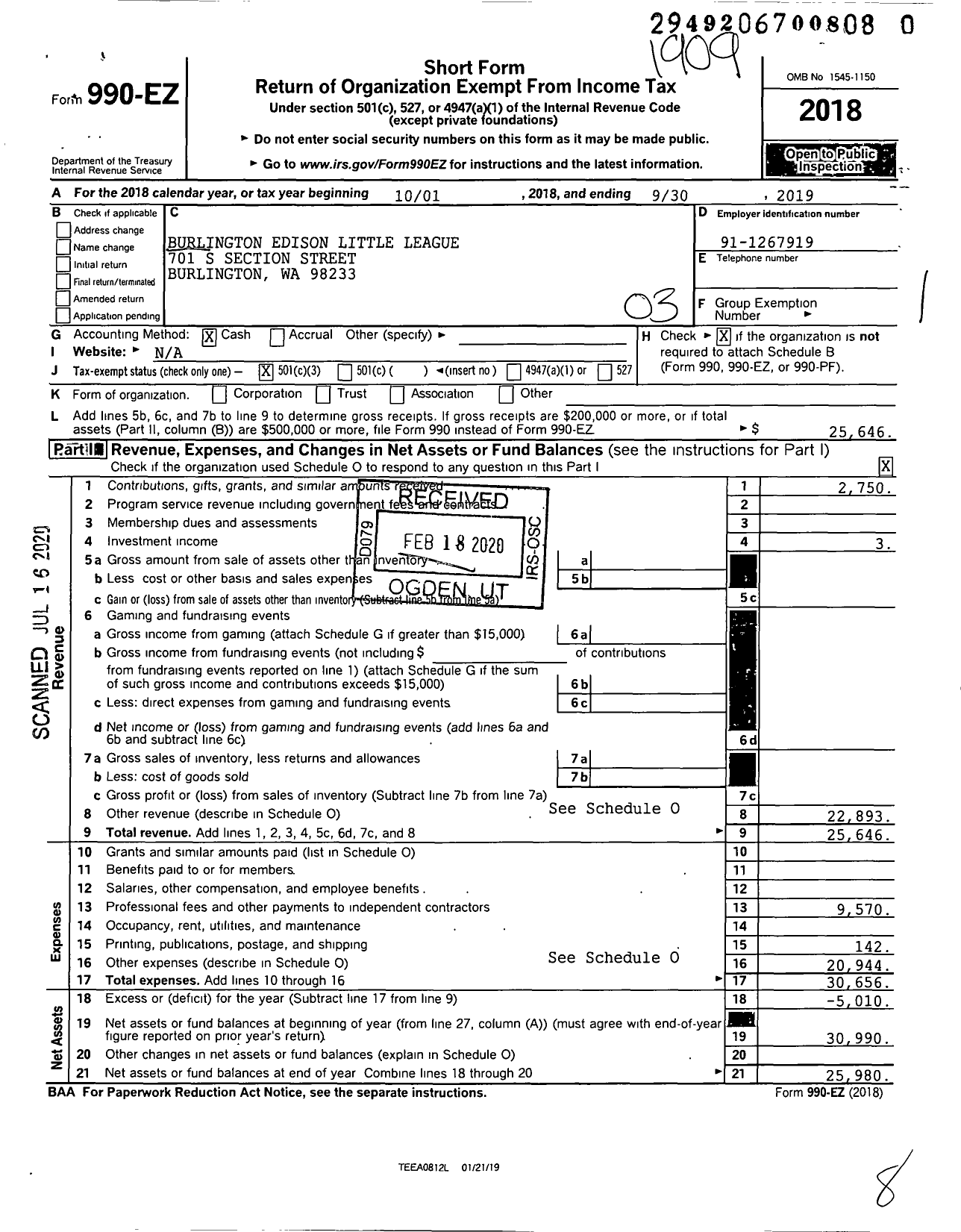 Image of first page of 2018 Form 990EZ for Little League Baseball - 4471102 Burlington Edison Youth LL