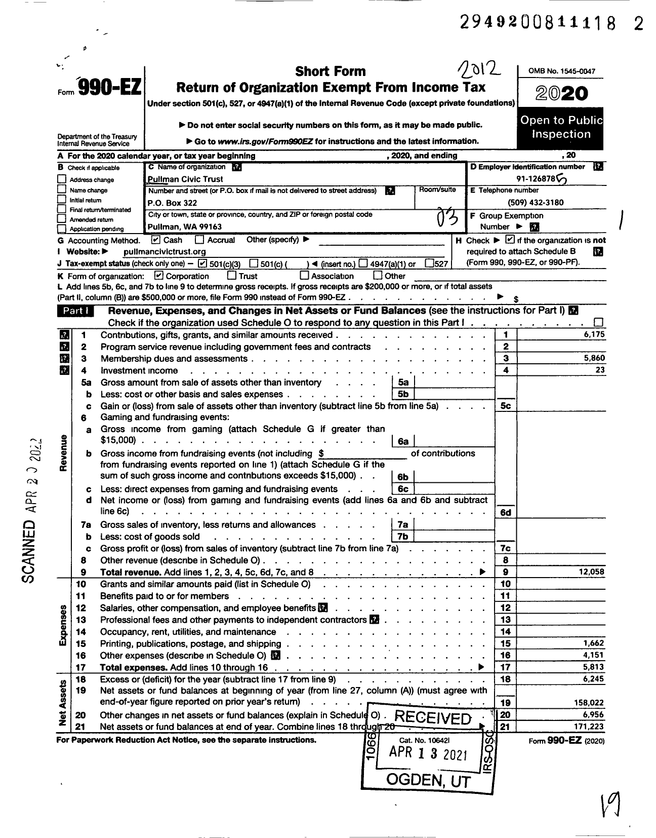 Image of first page of 2020 Form 990EZ for Pullman Civic Trust