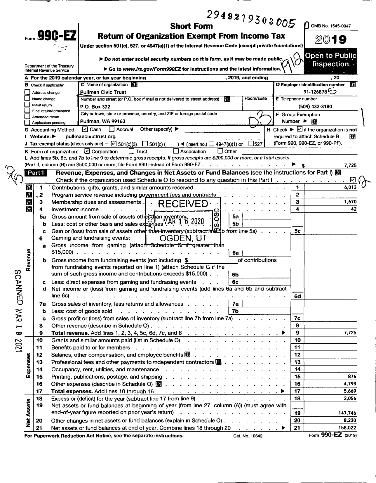 Image of first page of 2019 Form 990EZ for Pullman Civic Trust