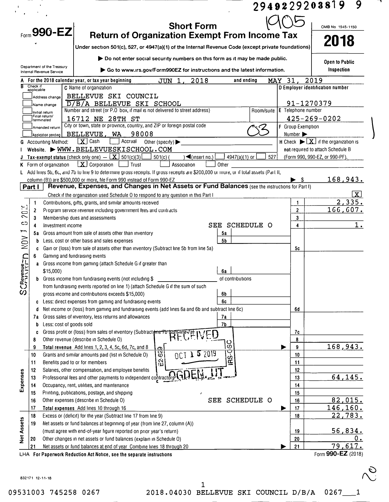 Image of first page of 2018 Form 990EZ for Bellevue Ski Council