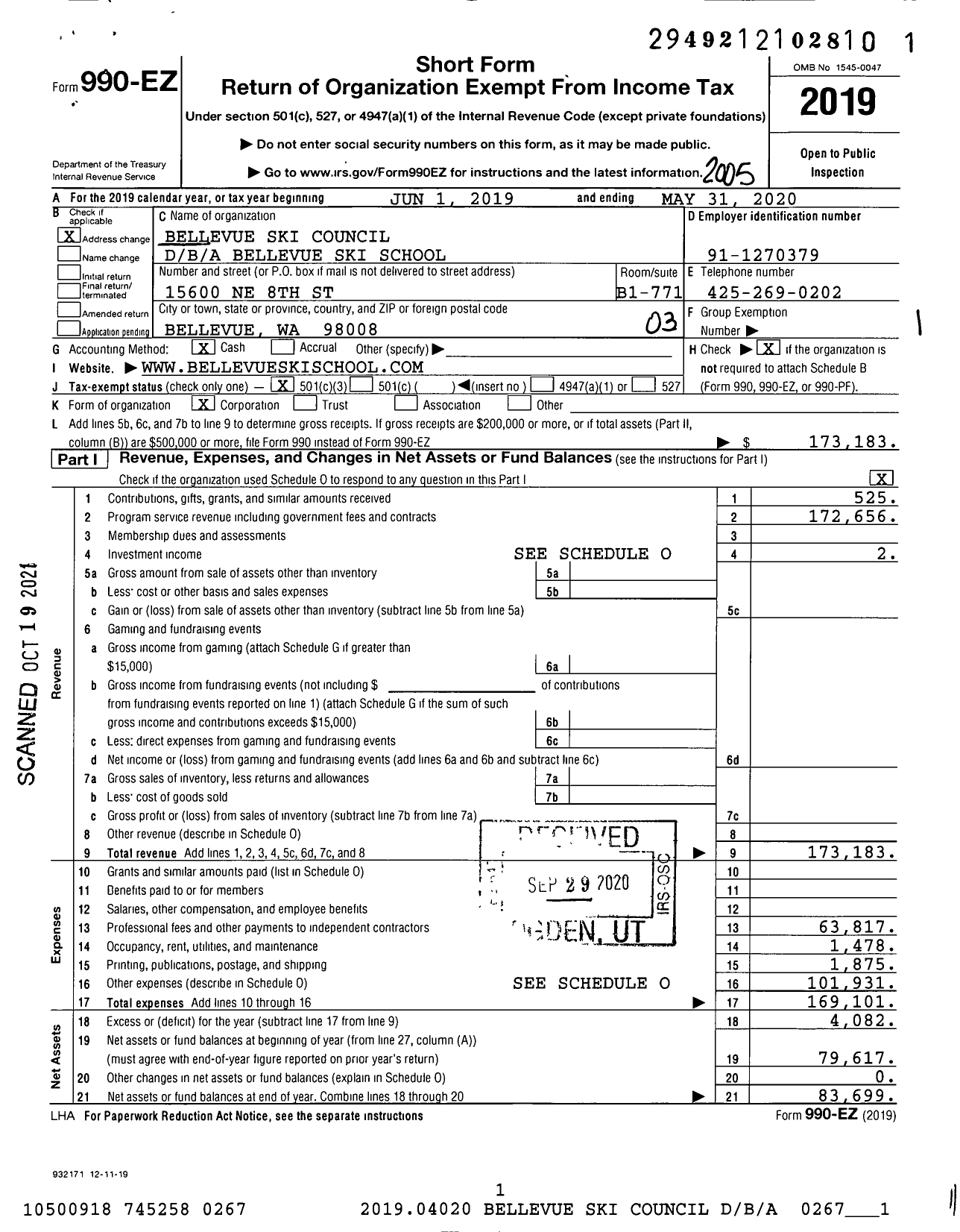 Image of first page of 2019 Form 990EZ for Bellevue Ski Council