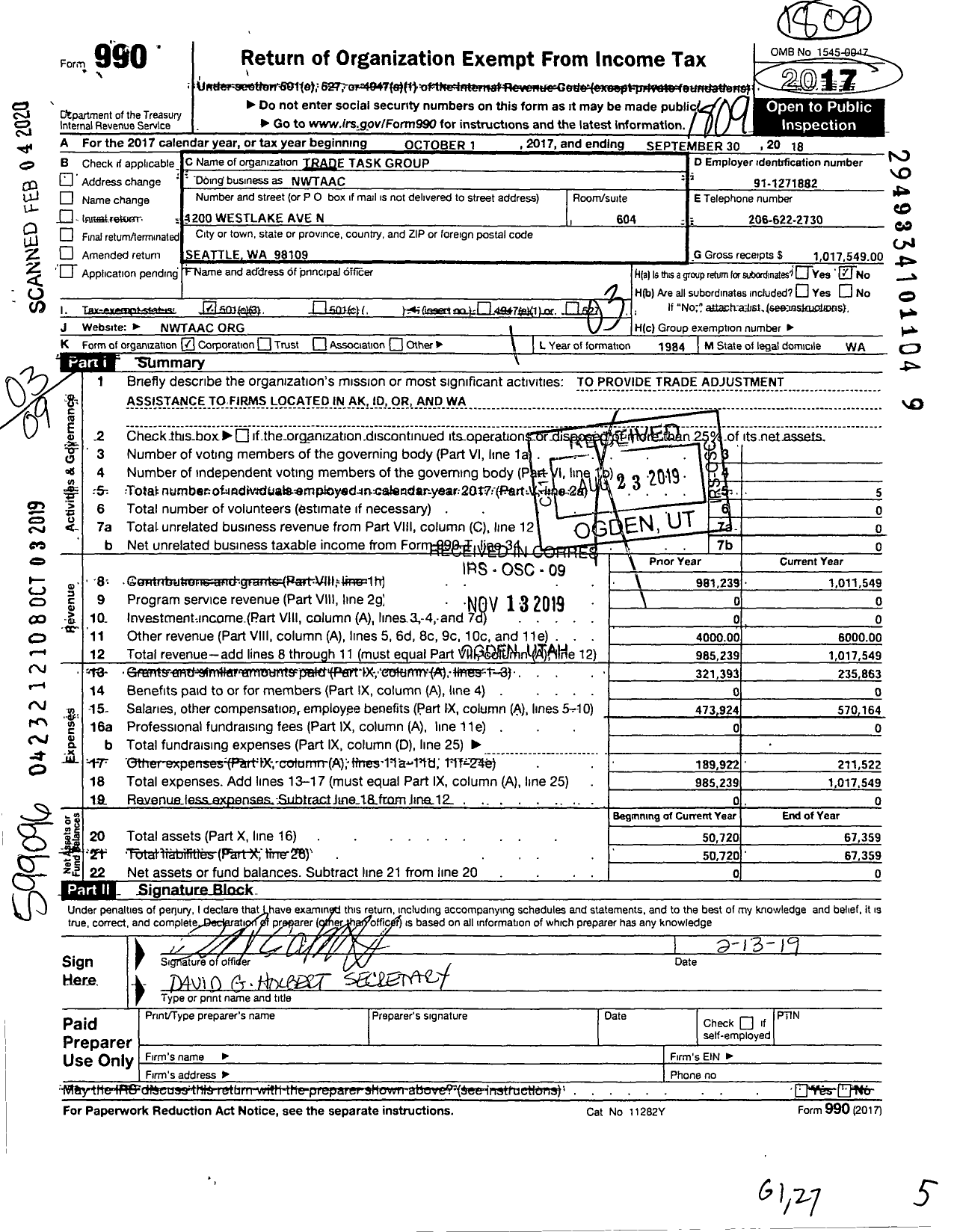 Image of first page of 2017 Form 990 for Northwest Trade Adjustment Assistance Center (NWTAAC)