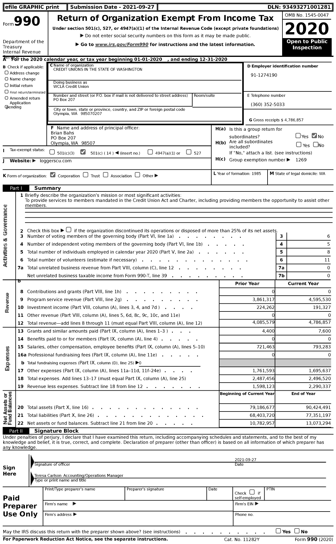 Image of first page of 2020 Form 990 for WCLA Credit Union