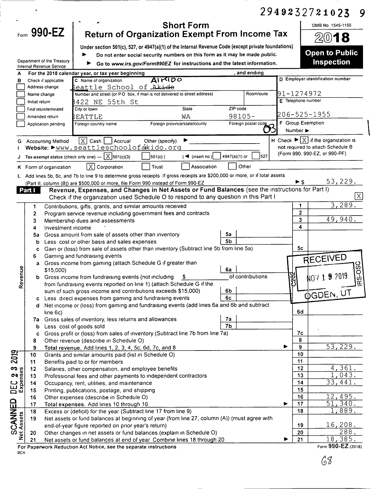 Image of first page of 2018 Form 990EZ for Seattle School of Aikido