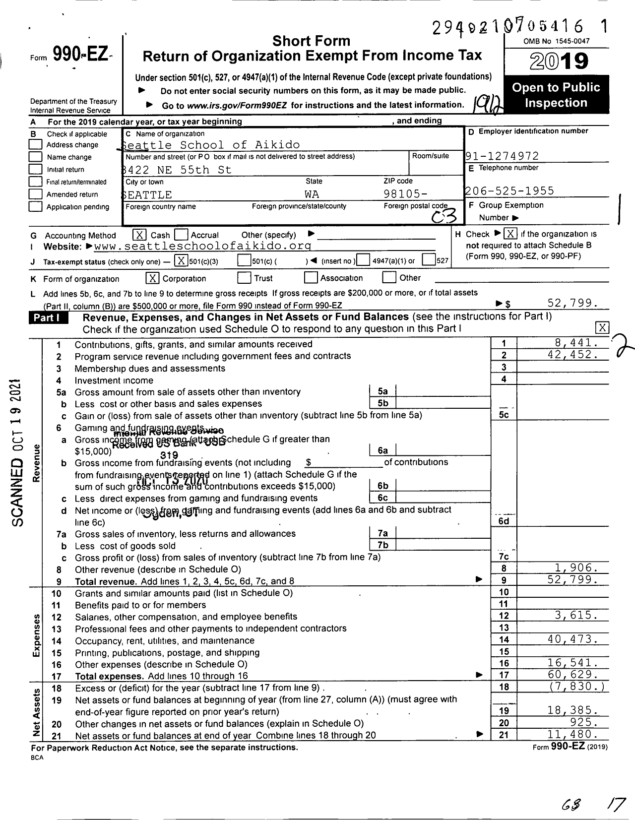 Image of first page of 2019 Form 990EZ for Seattle School of Aikido