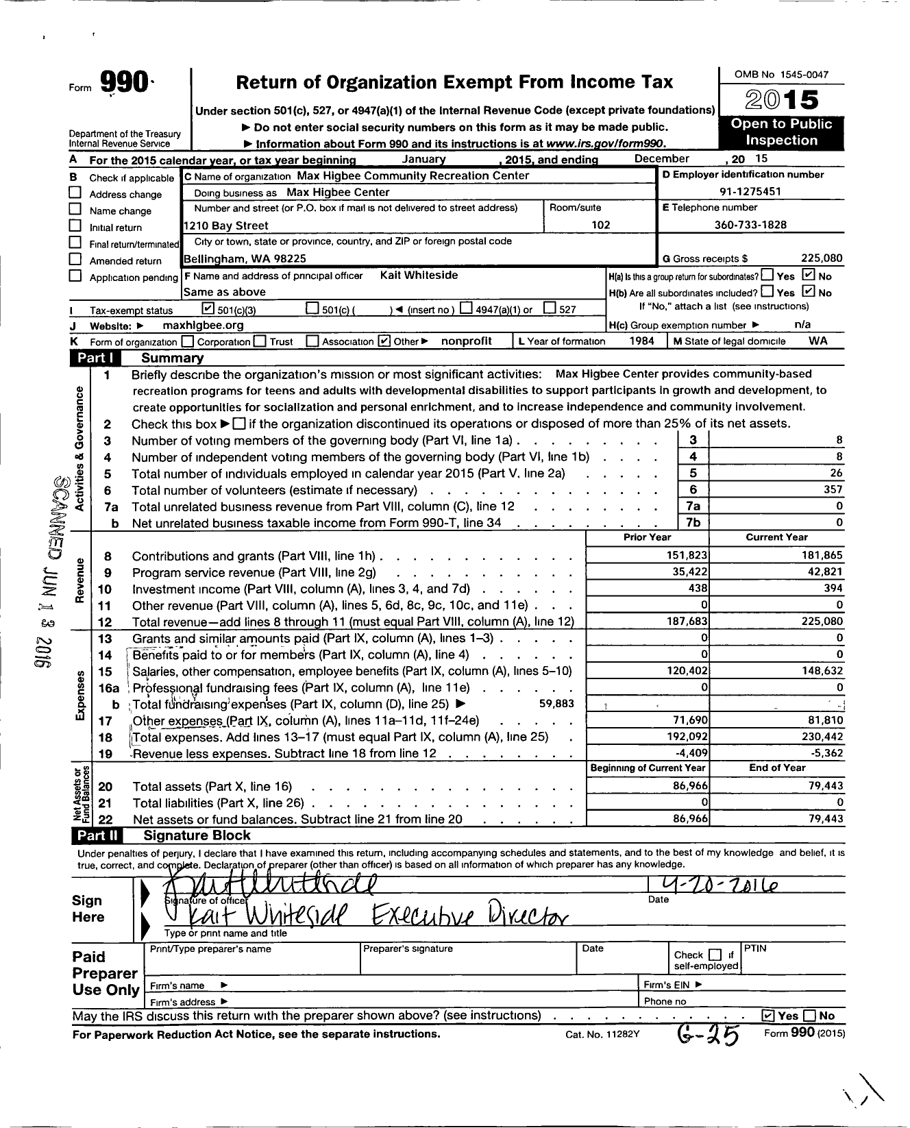 Image of first page of 2015 Form 990 for MAX HIGBEE COMMUNITY RECREATION Center MAX HIGBEE Center
