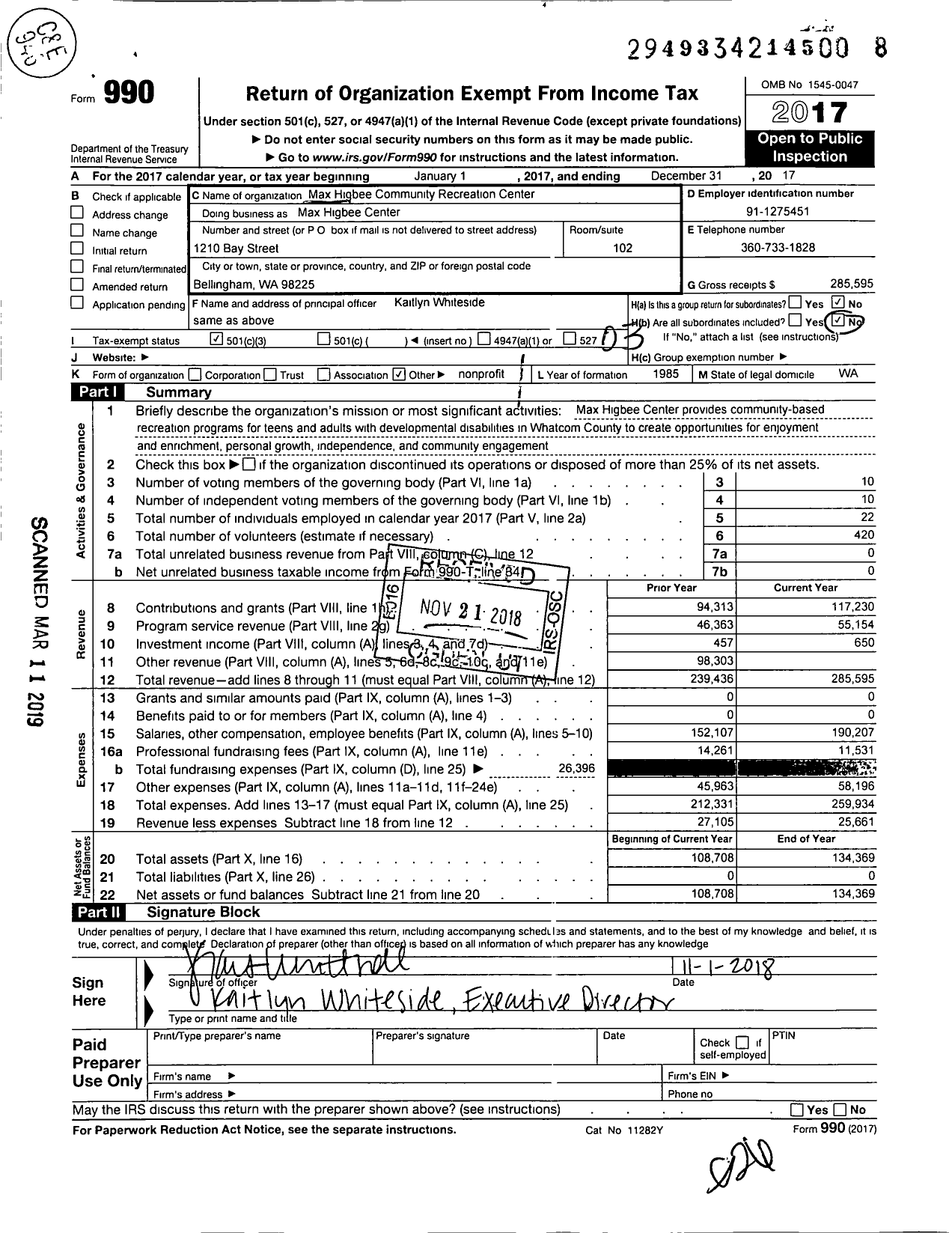 Image of first page of 2017 Form 990 for MAX HIGBEE COMMUNITY RECREATION Center MAX HIGBEE Center
