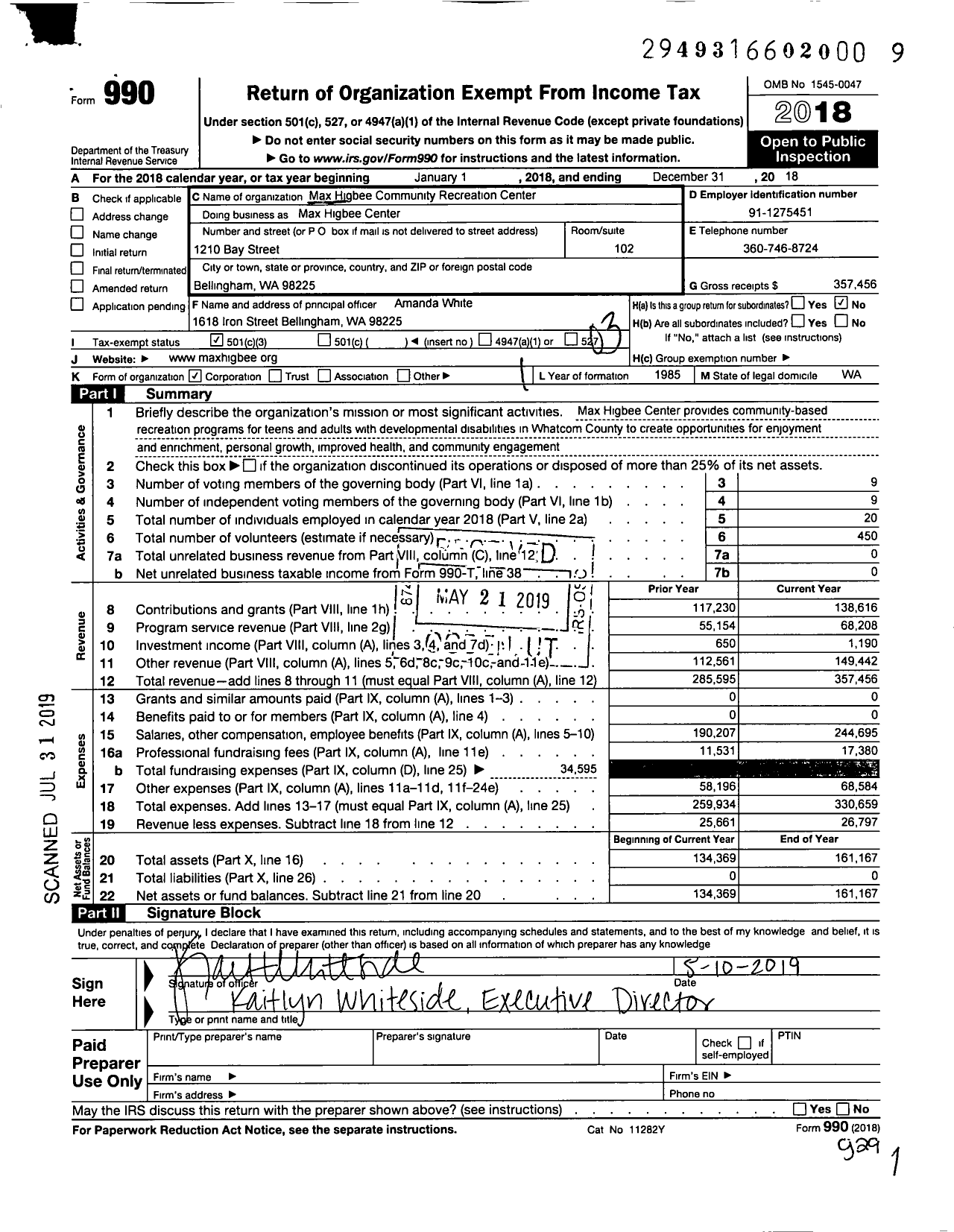 Image of first page of 2018 Form 990 for MAX HIGBEE COMMUNITY RECREATION Center MAX HIGBEE Center