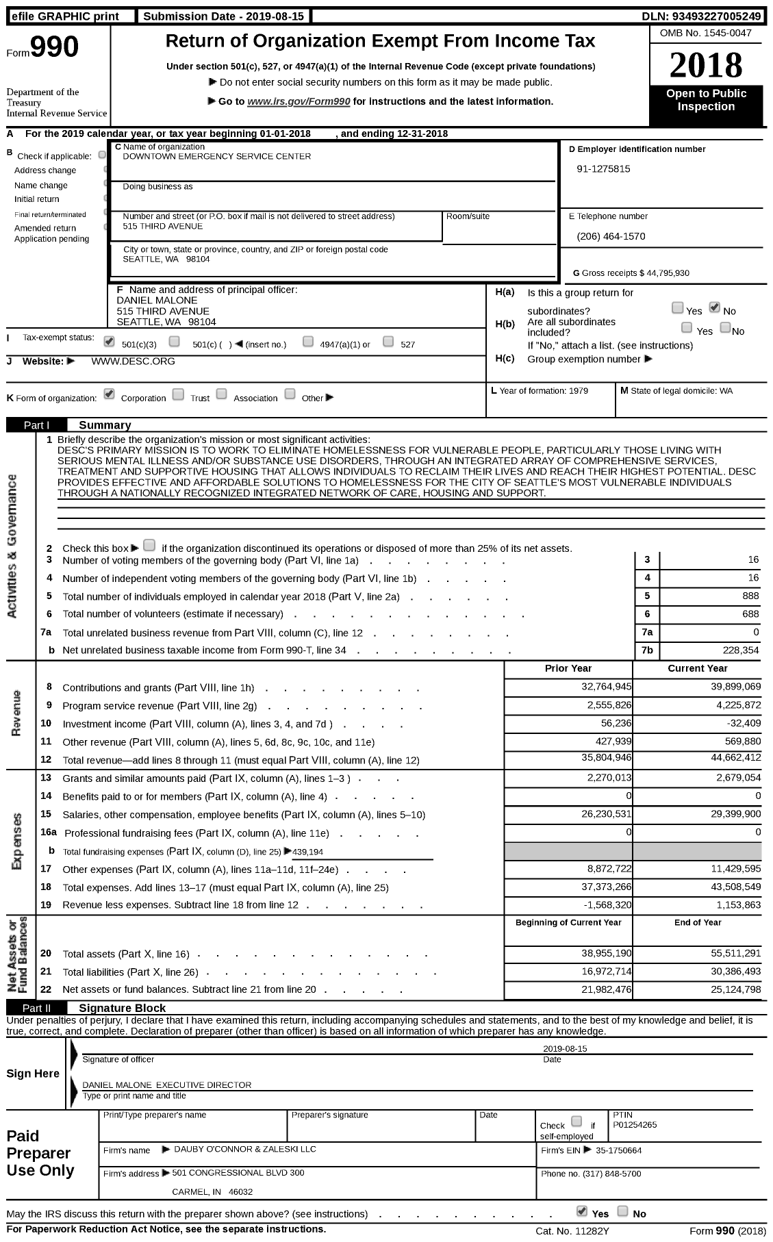 Image of first page of 2018 Form 990 for Downtown Emergency Service Center (DESC)