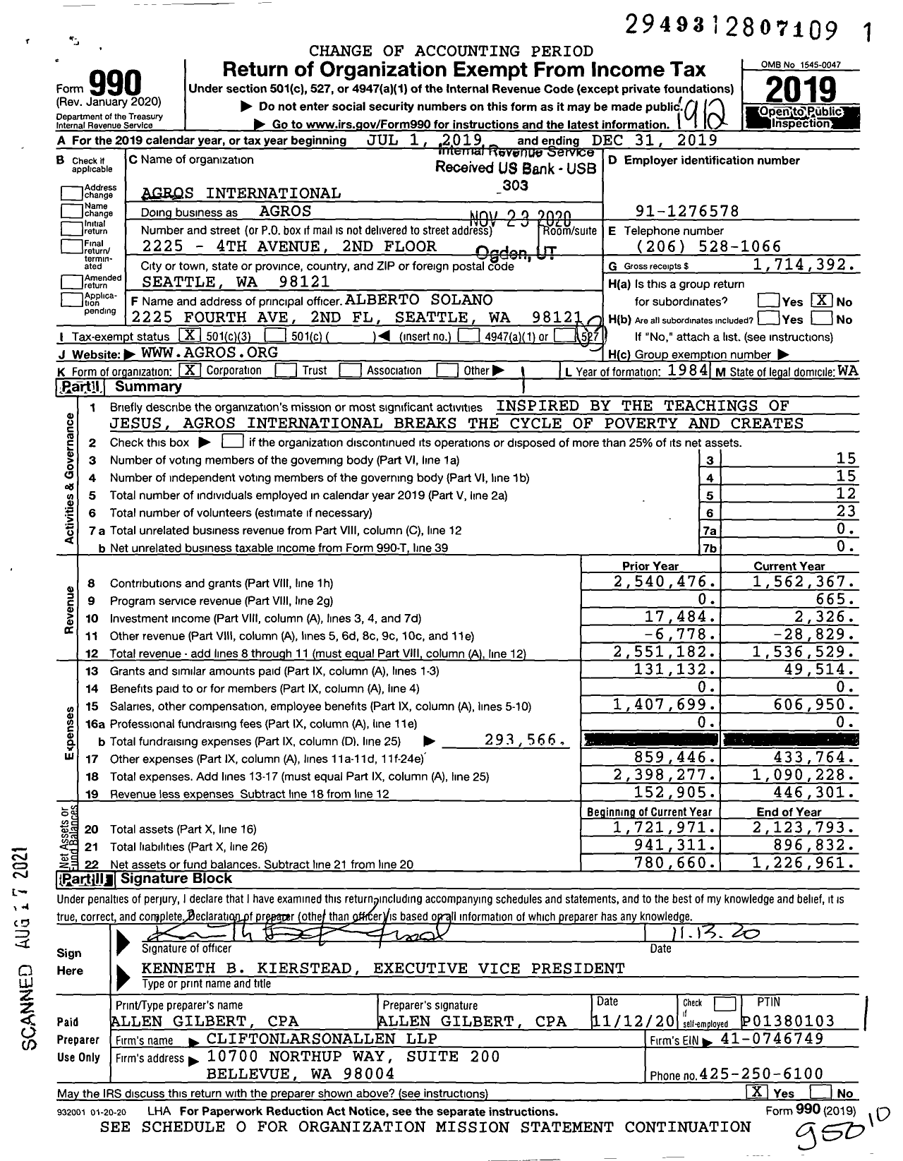 Image of first page of 2019 Form 990 for Agros