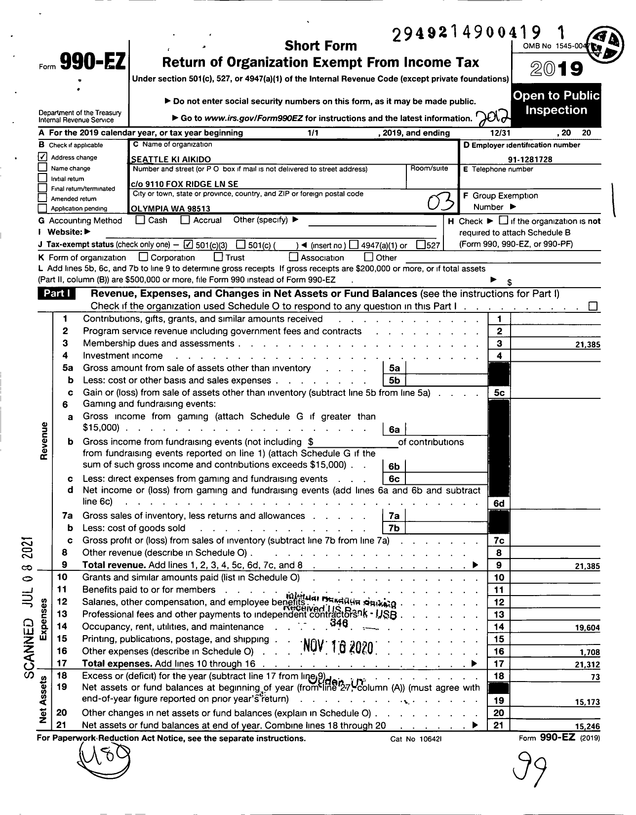 Image of first page of 2020 Form 990EZ for Seattle Ki Society