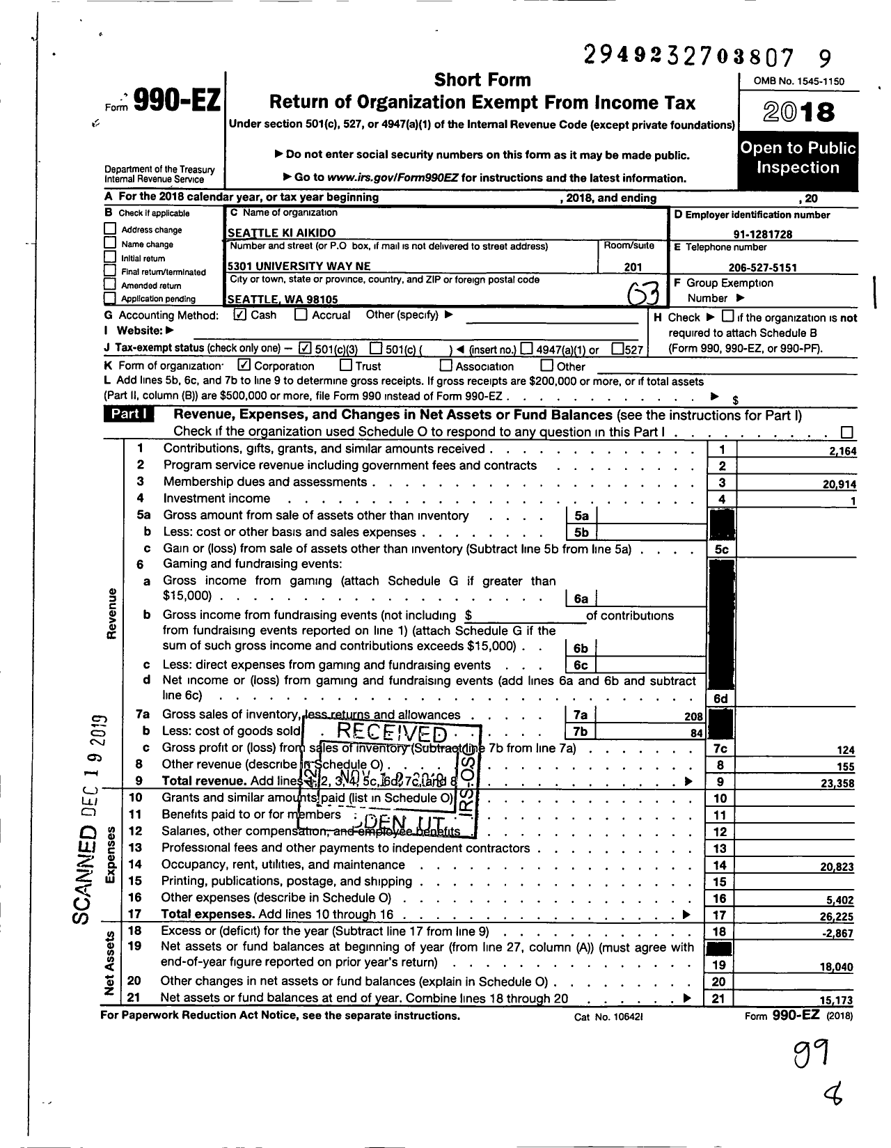 Image of first page of 2018 Form 990EZ for Seattle Ki Society