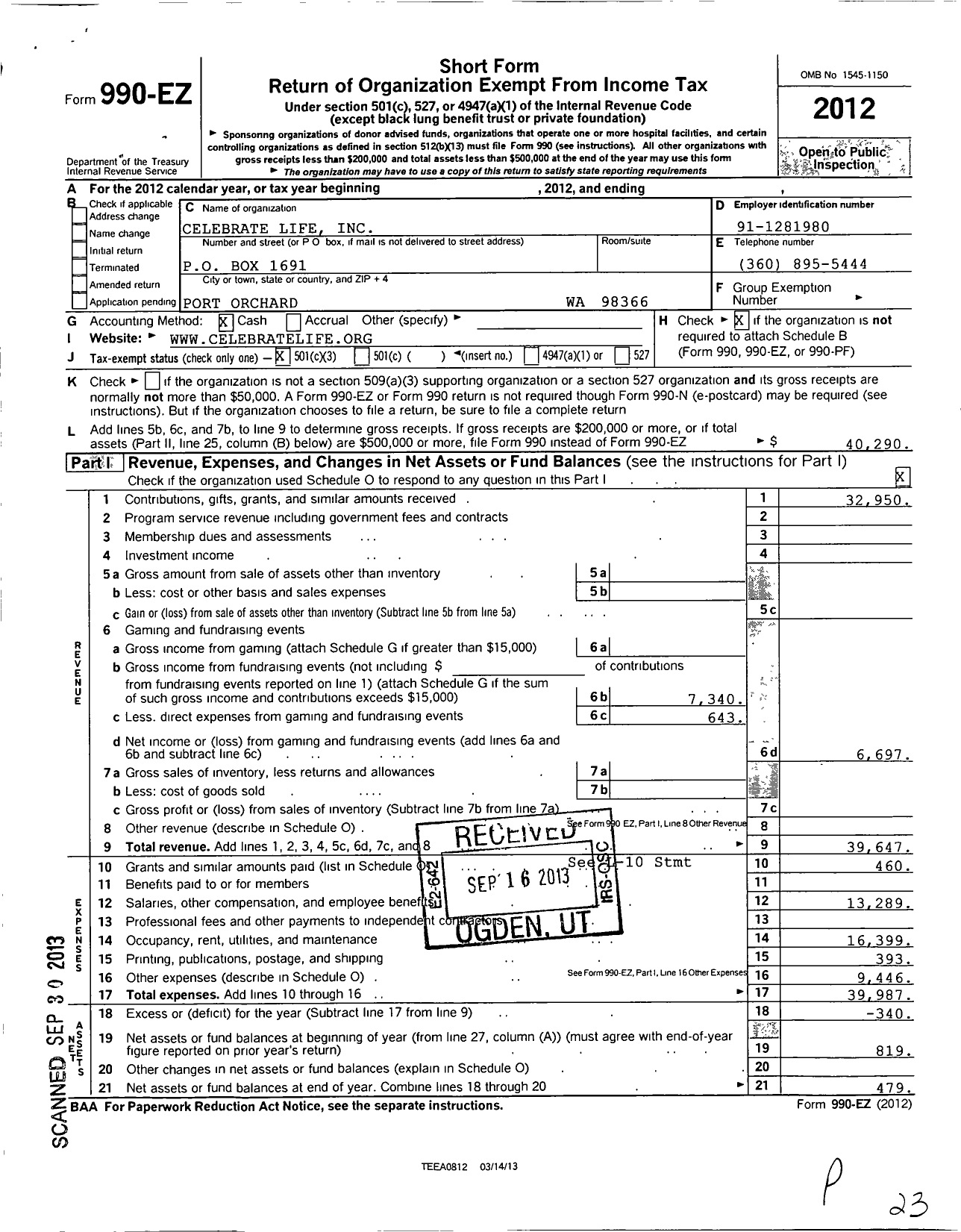 Image of first page of 2012 Form 990EZ for Celebrate Life Centers