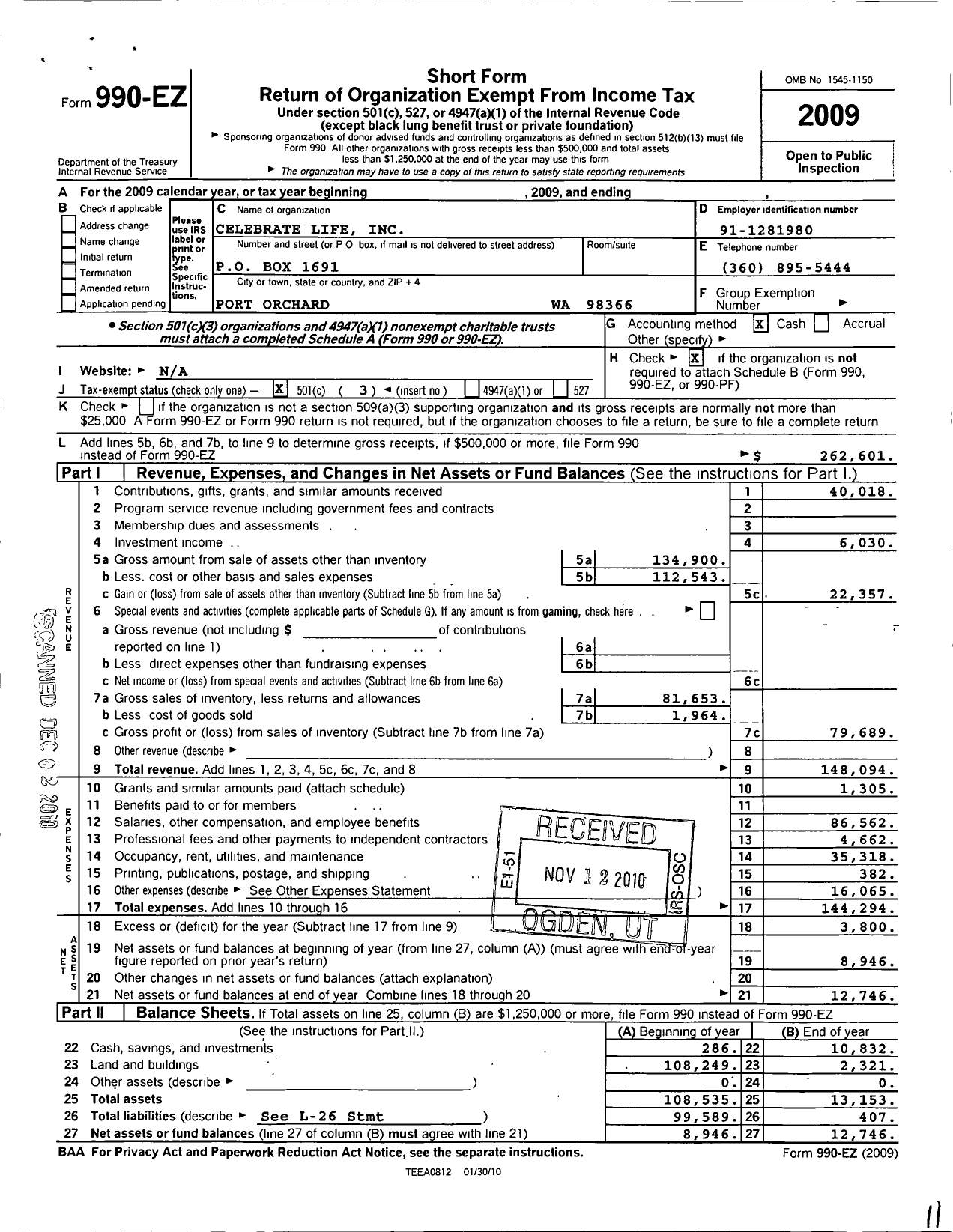 Image of first page of 2009 Form 990EZ for Celebrate Life Centers