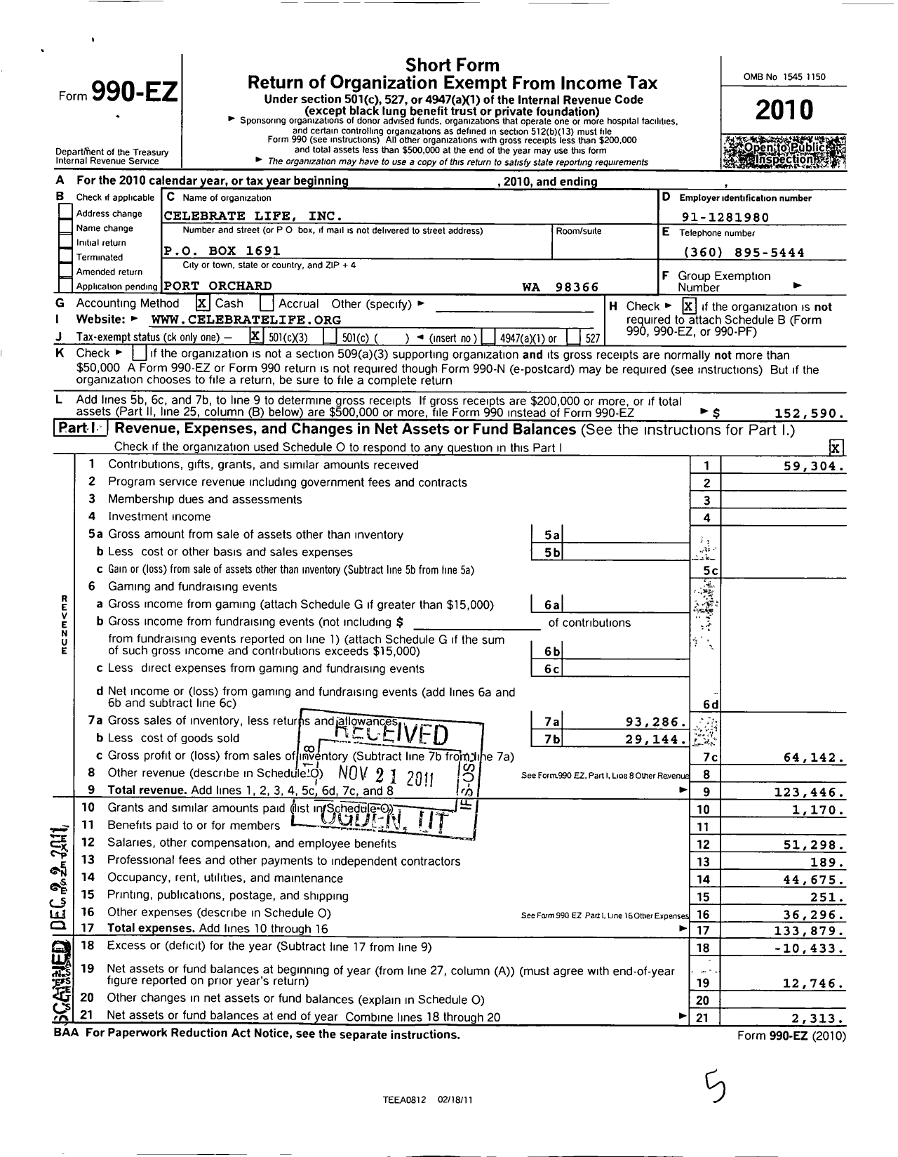 Image of first page of 2010 Form 990EZ for Celebrate Life Centers