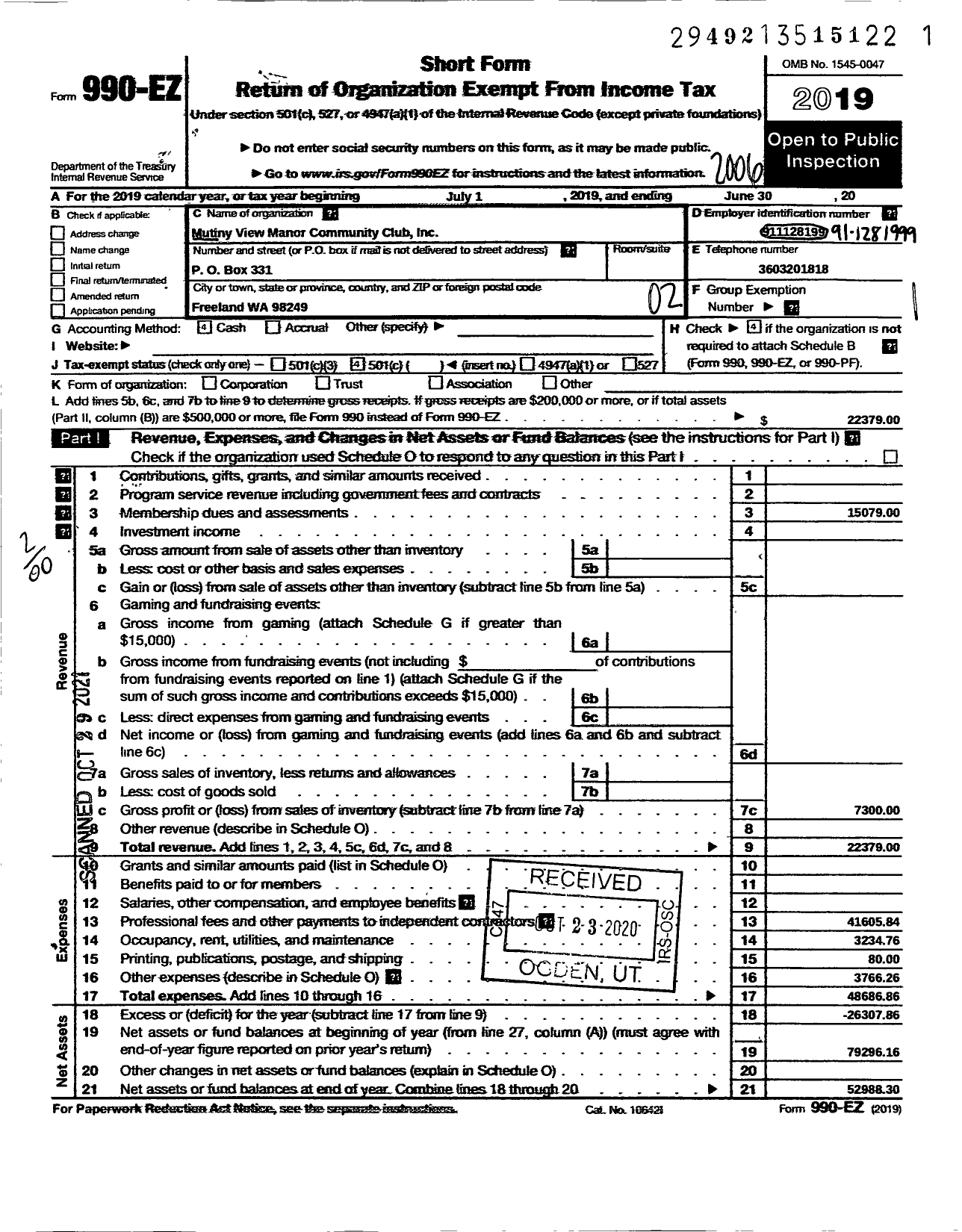 Image of first page of 2019 Form 990EO for Mutiny View Manor Community Club