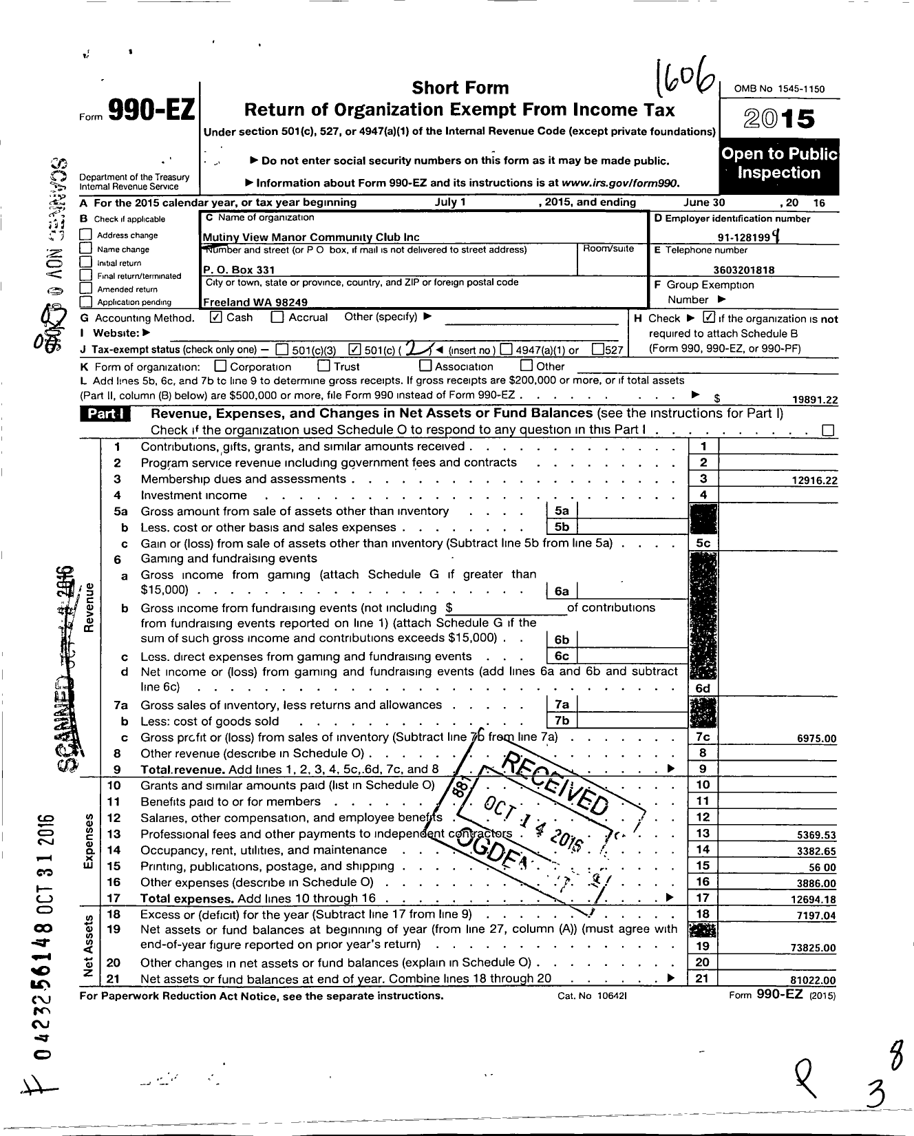 Image of first page of 2015 Form 990EO for Mutiny View Manor Community Club