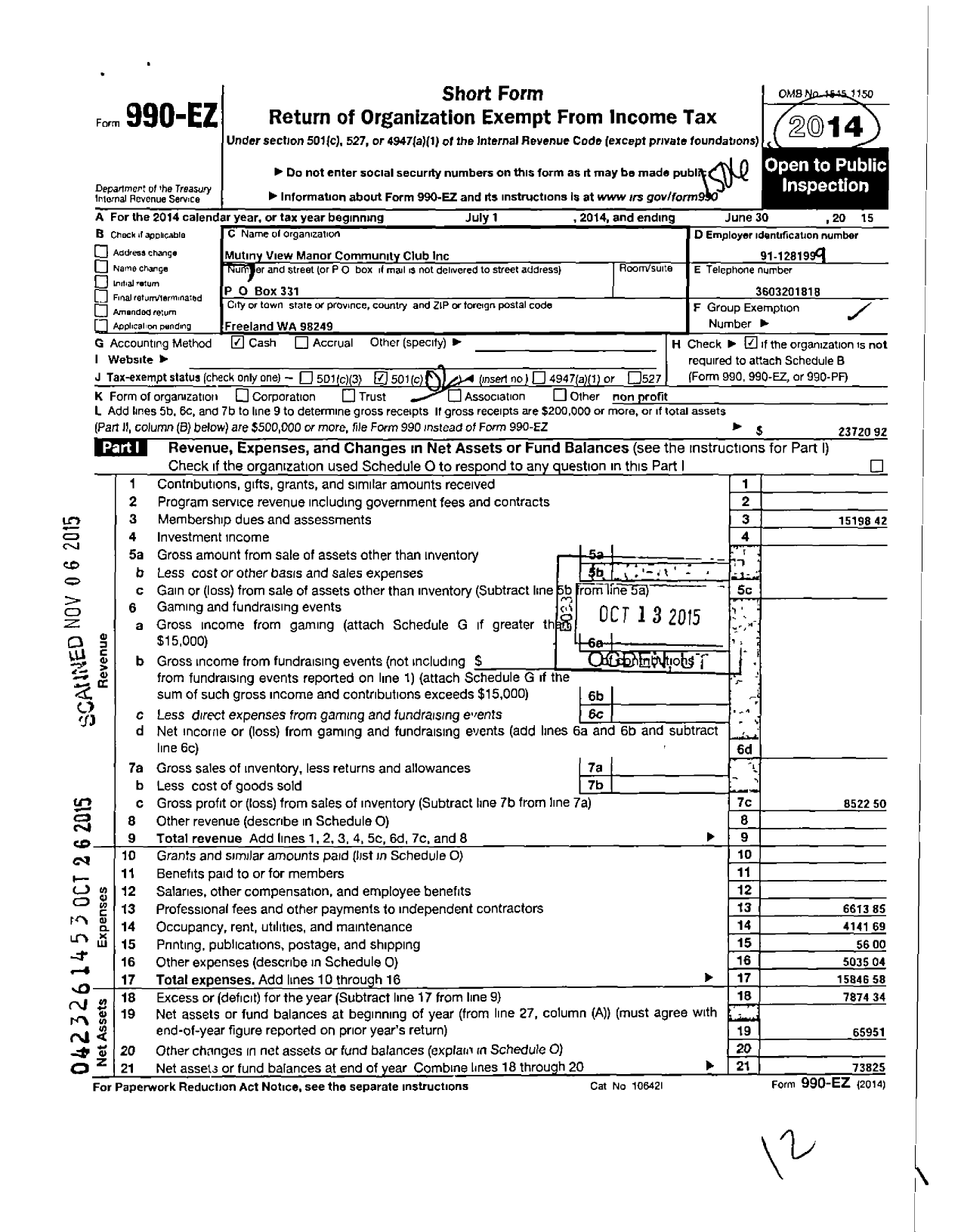 Image of first page of 2014 Form 990EO for Mutiny View Manor Community Club