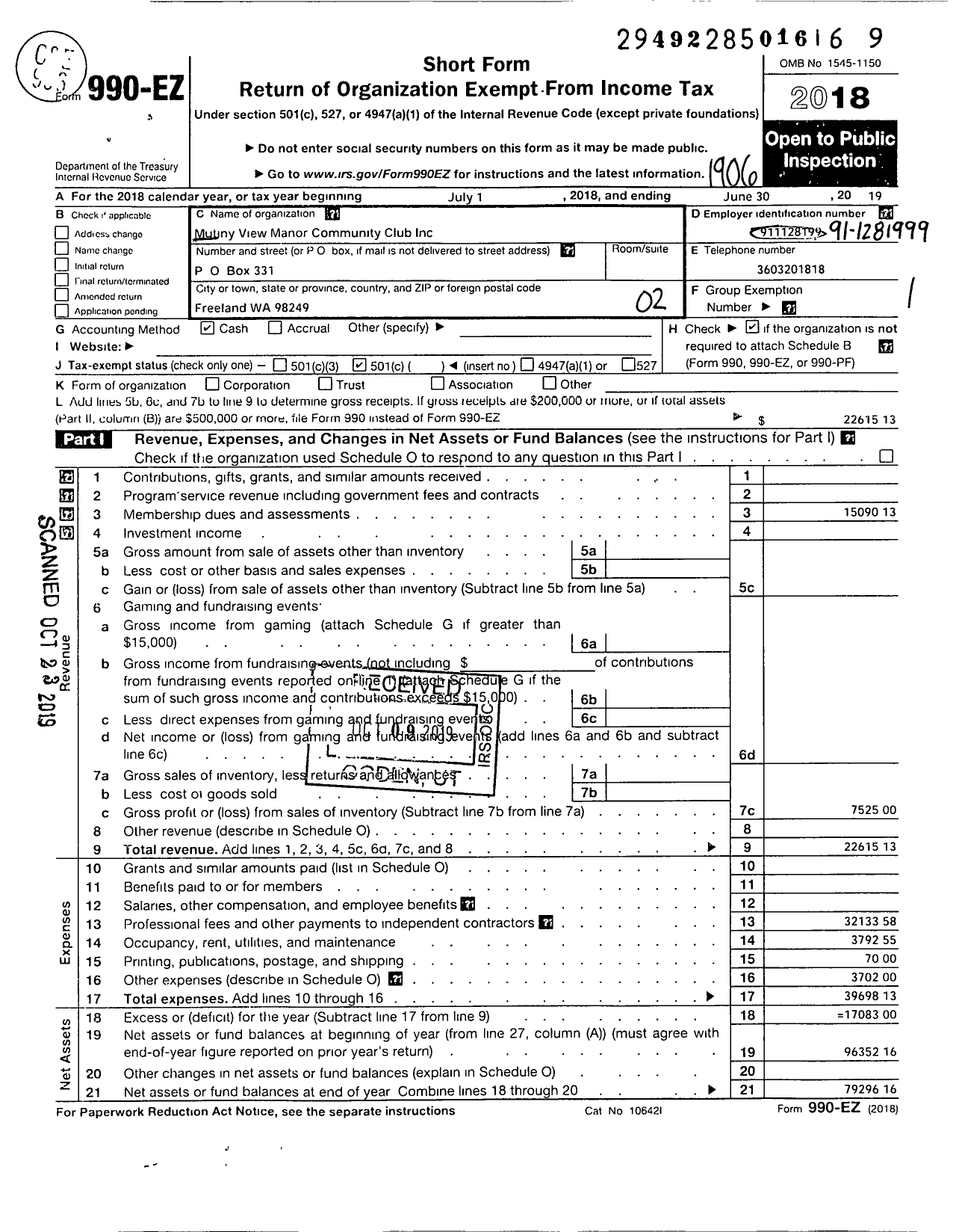 Image of first page of 2018 Form 990EO for Mutiny View Manor Community Club