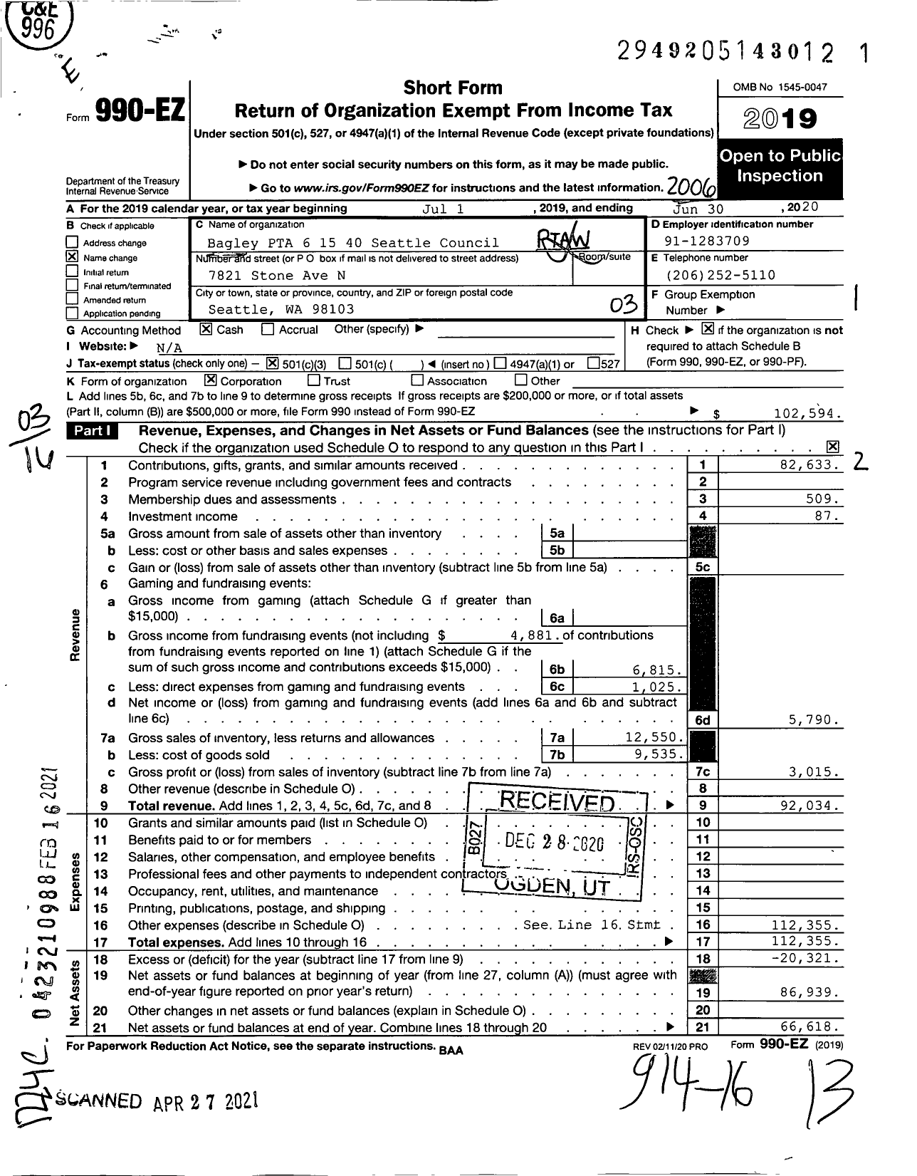 Image of first page of 2019 Form 990EZ for Bagley PTA 6 15 40 Seattle Council