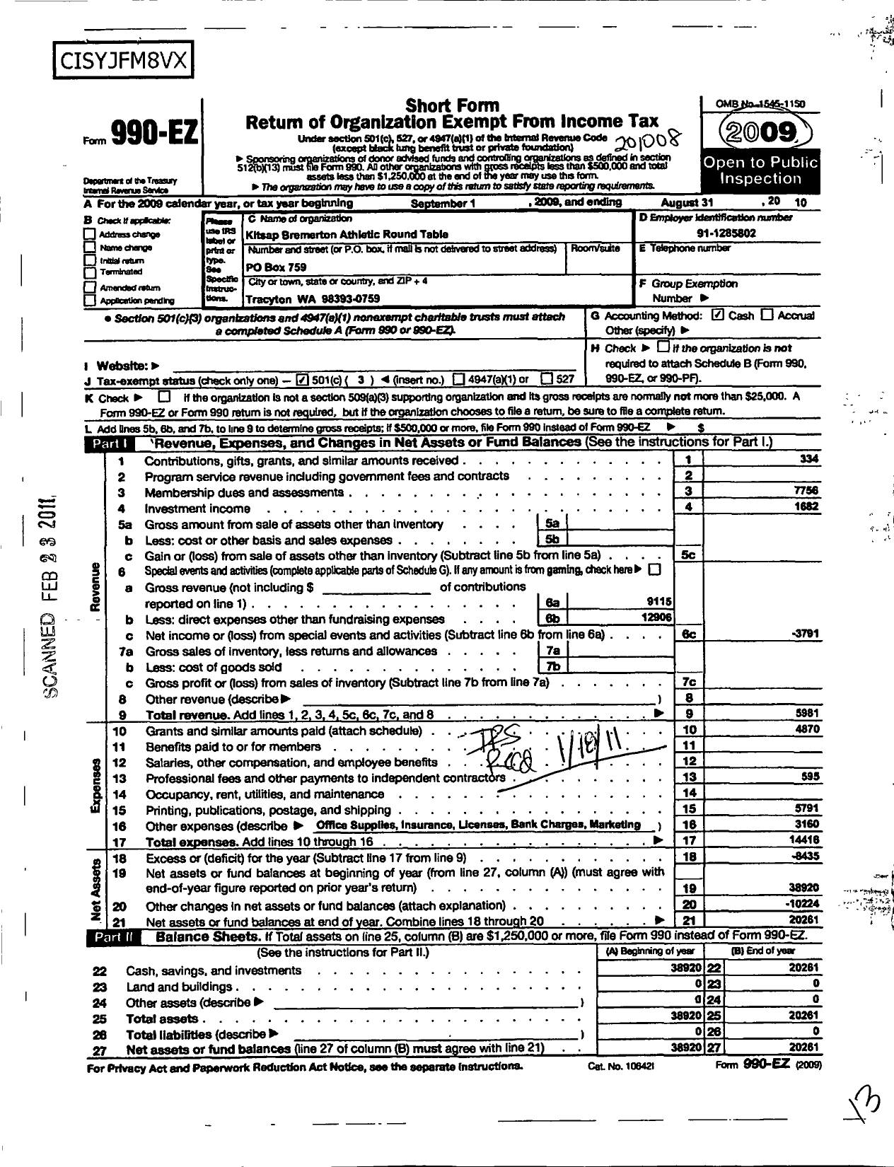 Image of first page of 2009 Form 990EZ for Kitsap Athletic Roundtable