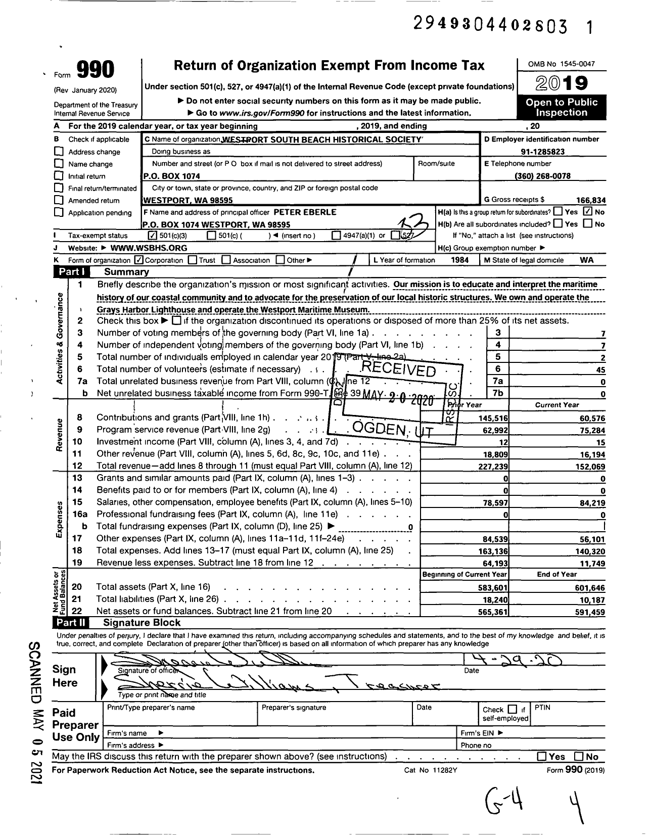 Image of first page of 2019 Form 990 for Westport South Beach Historical Society