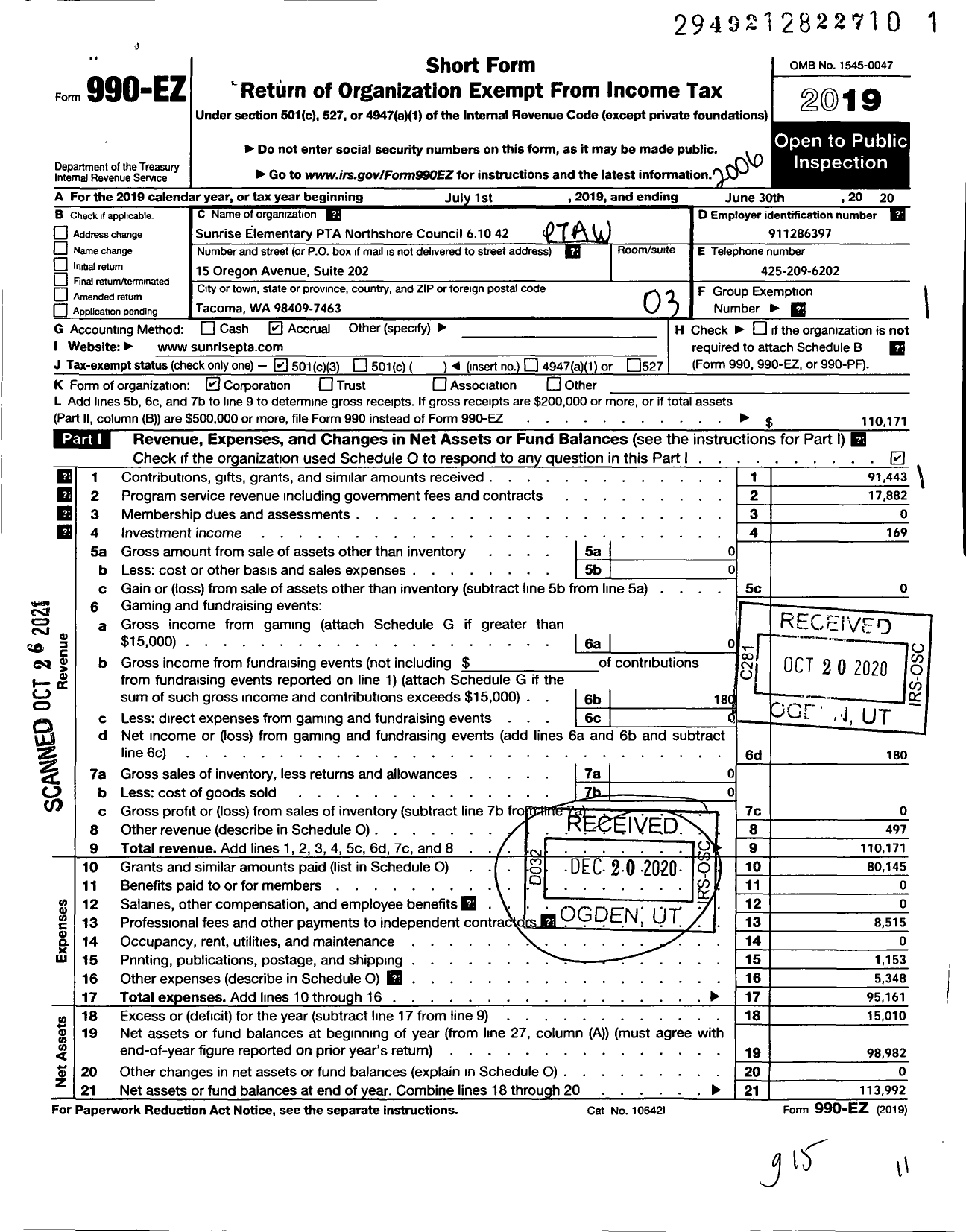 Image of first page of 2019 Form 990EZ for Sunrise Elementary PTA Northshore Council 6 10 42