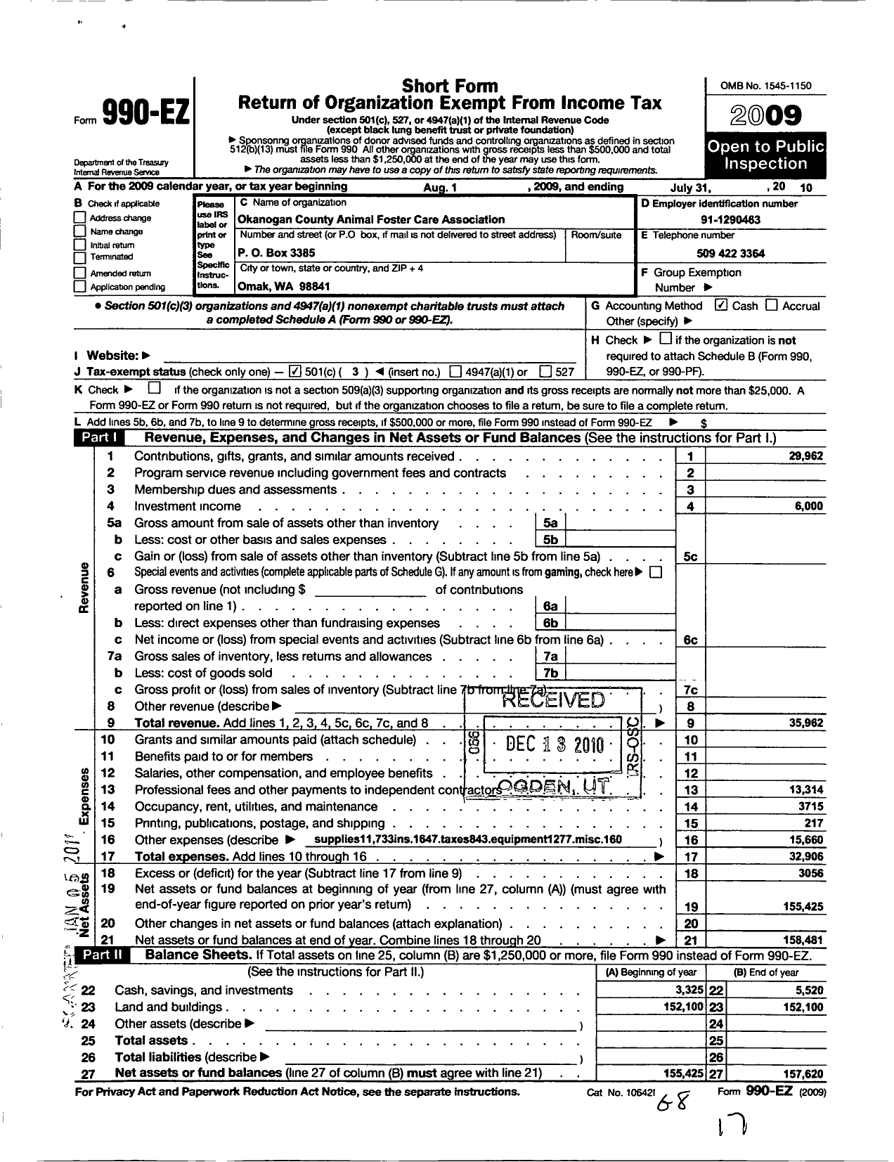 Image of first page of 2009 Form 990EZ for Okanogan County Animal Foster Care