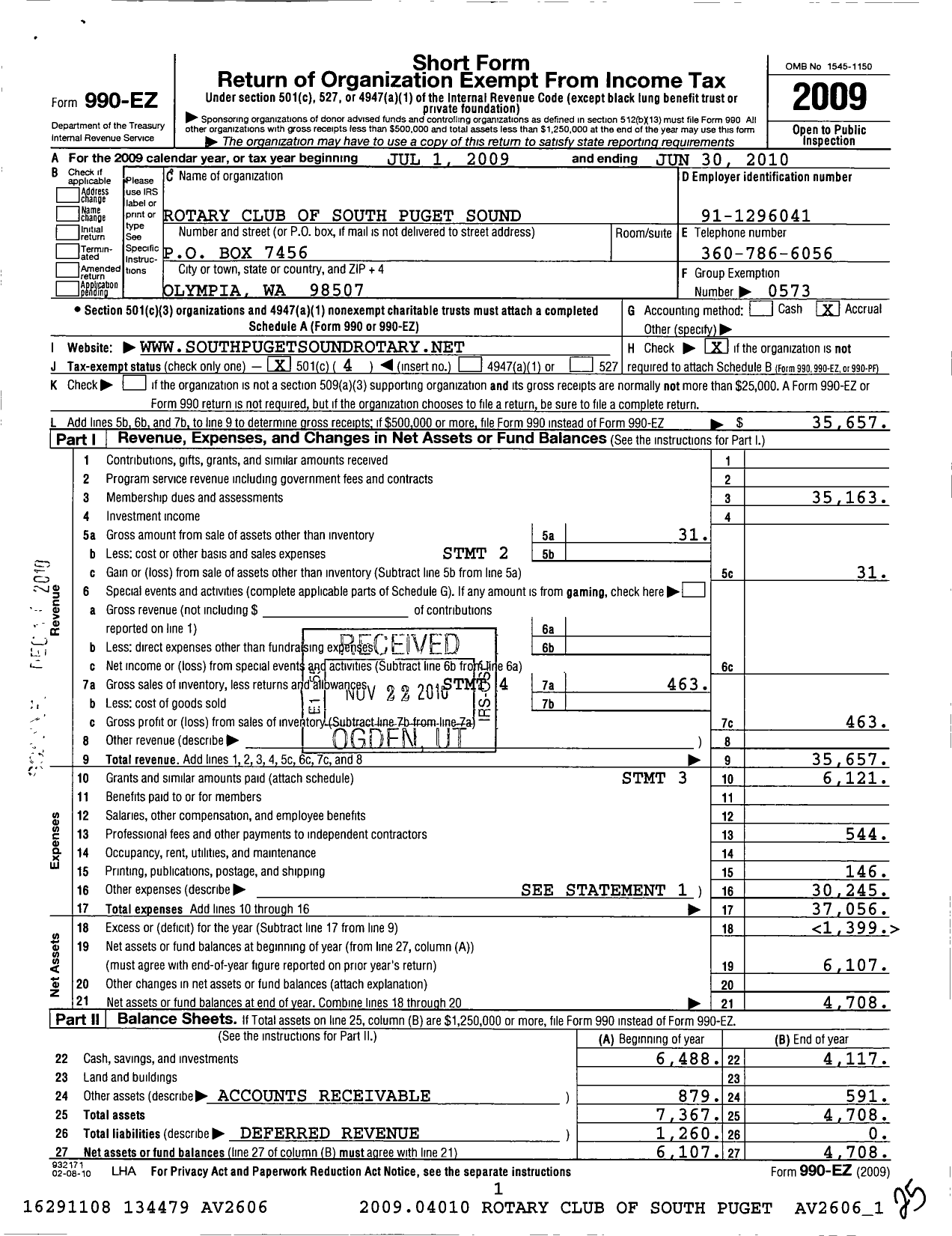Image of first page of 2009 Form 990EO for Rotary International - South Puget Sound Olympia