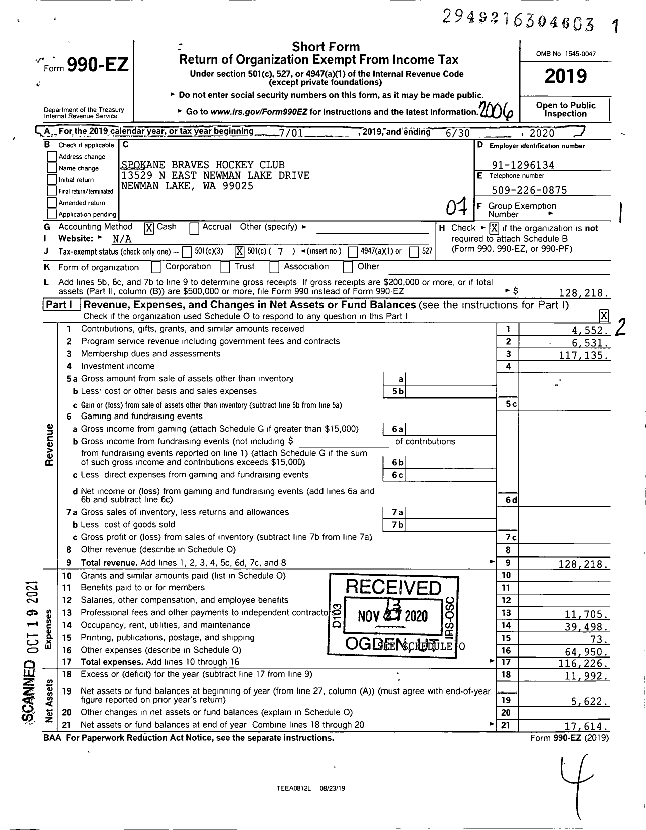 Image of first page of 2019 Form 990EO for Spokane Braves Hockey Club