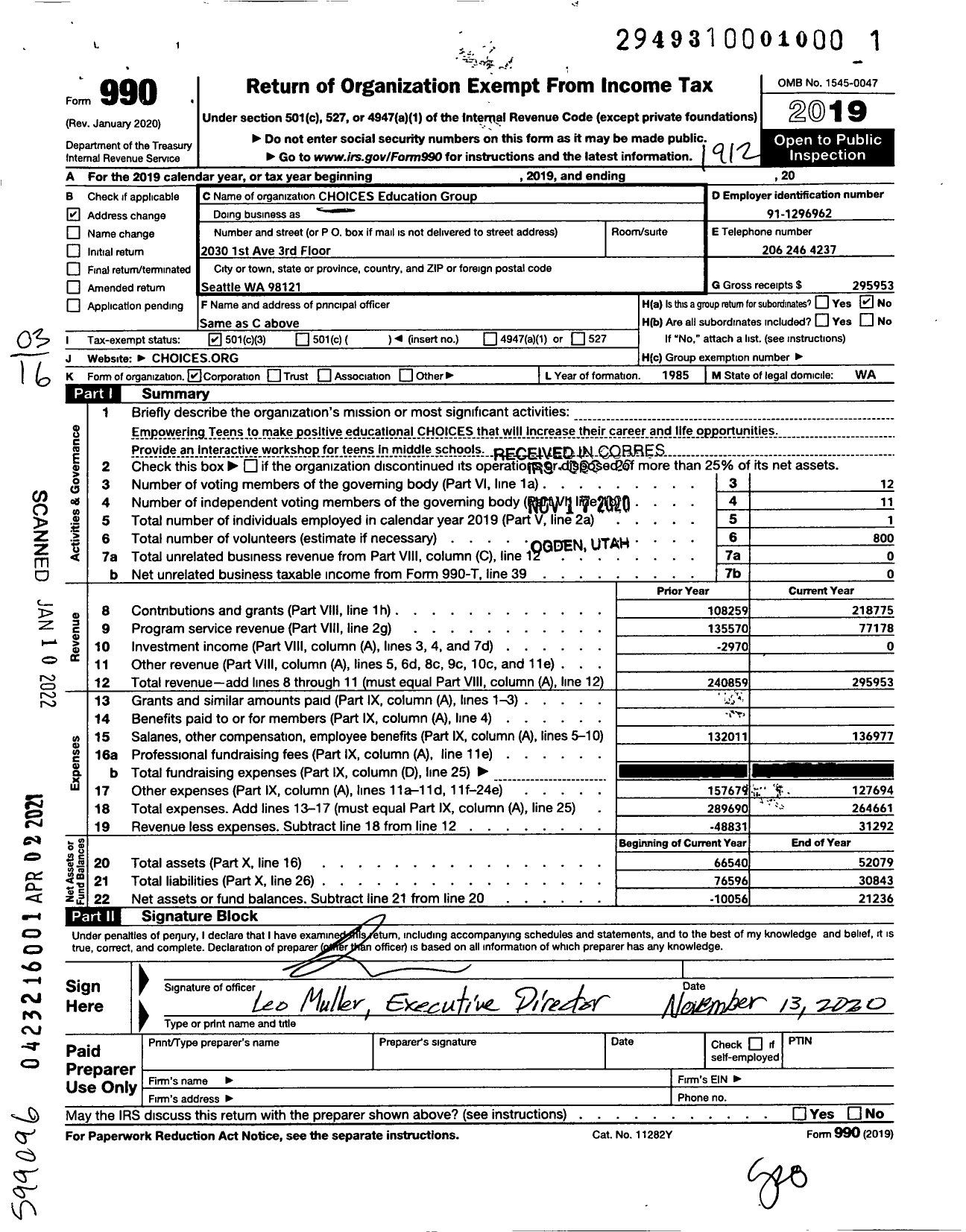 Image of first page of 2019 Form 990 for Choices Education Group