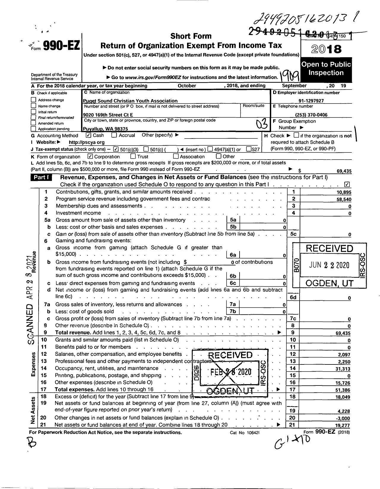 Image of first page of 2018 Form 990EZ for Puget Sound Christian Youth Association