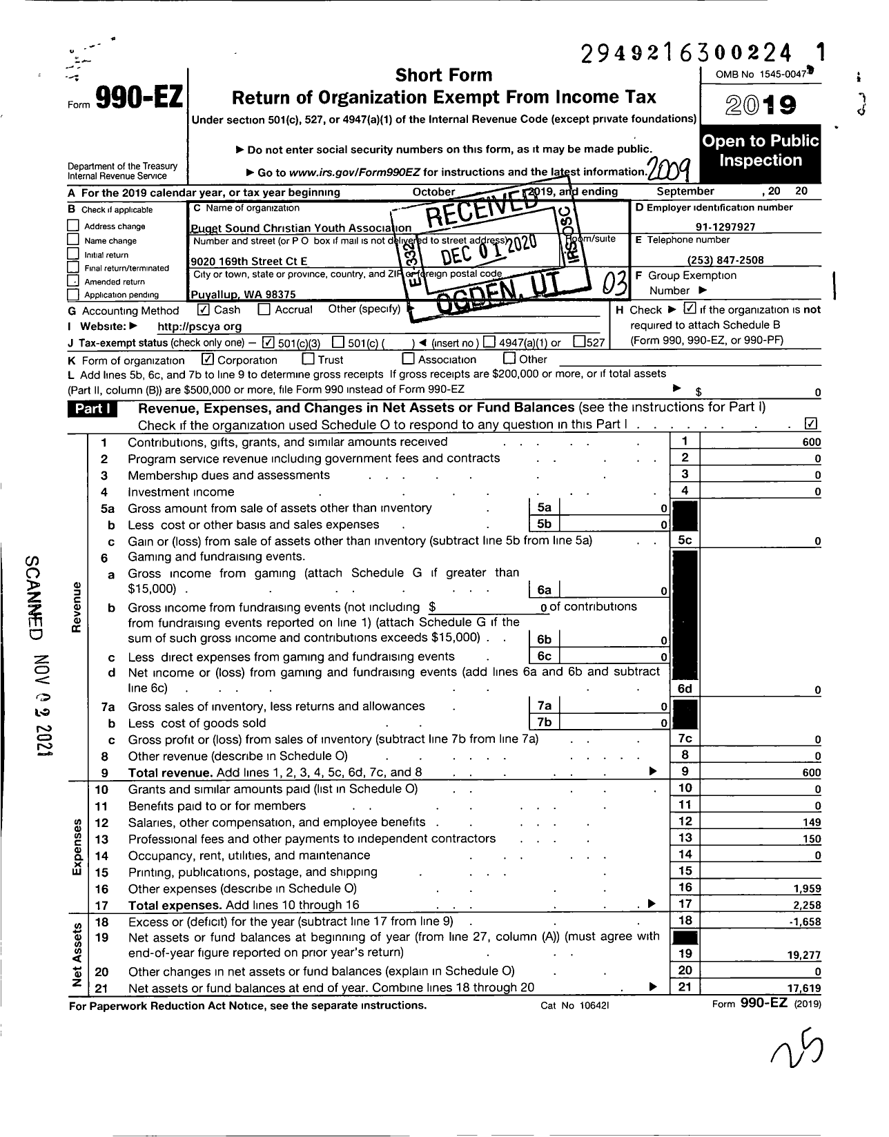 Image of first page of 2019 Form 990EZ for Puget Sound Christian Youth Association