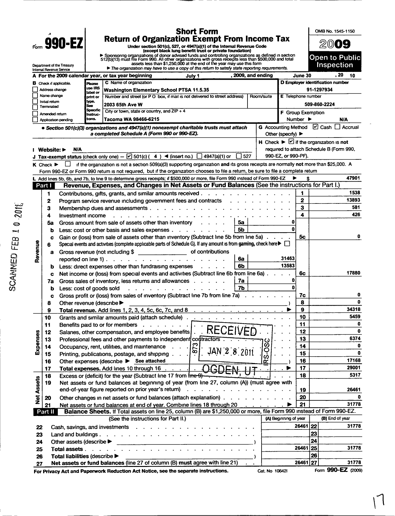 Image of first page of 2009 Form 990EO for Washington Elementary School Ptsa