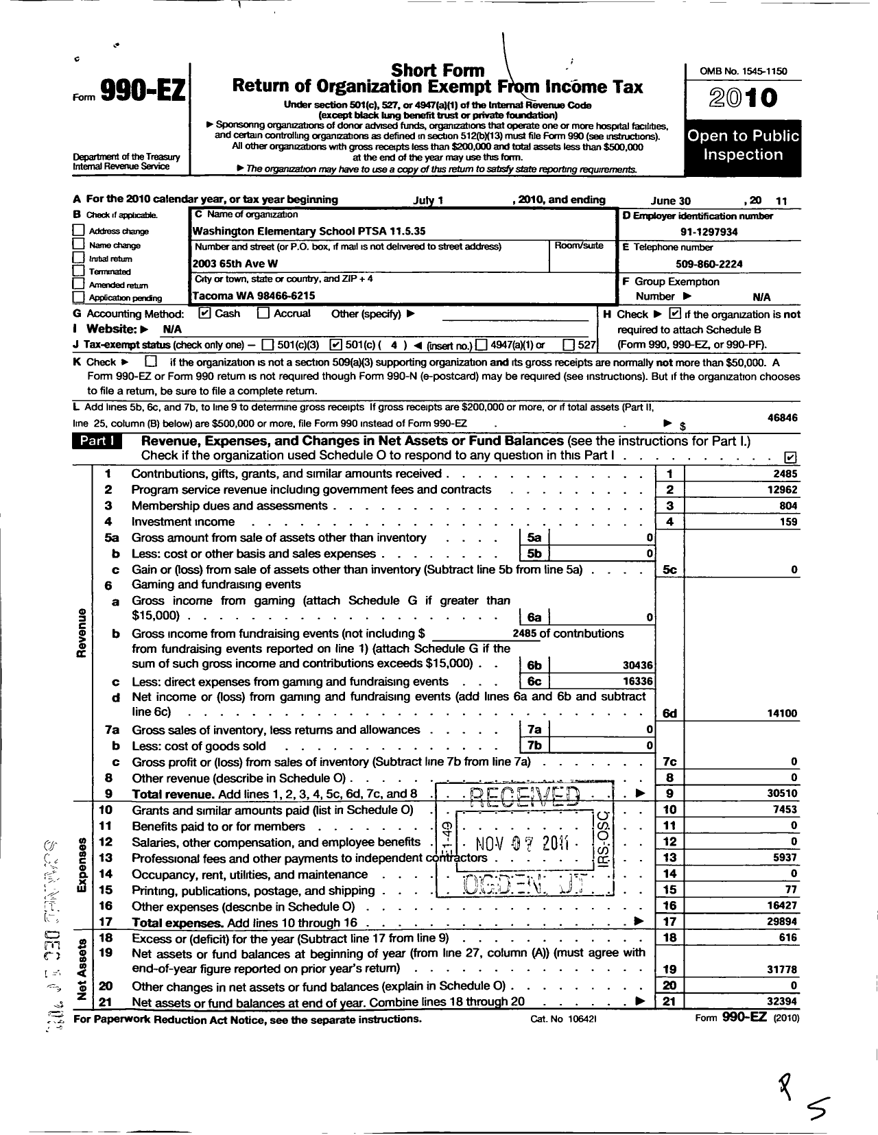 Image of first page of 2010 Form 990EO for Washington Elementary School Ptsa