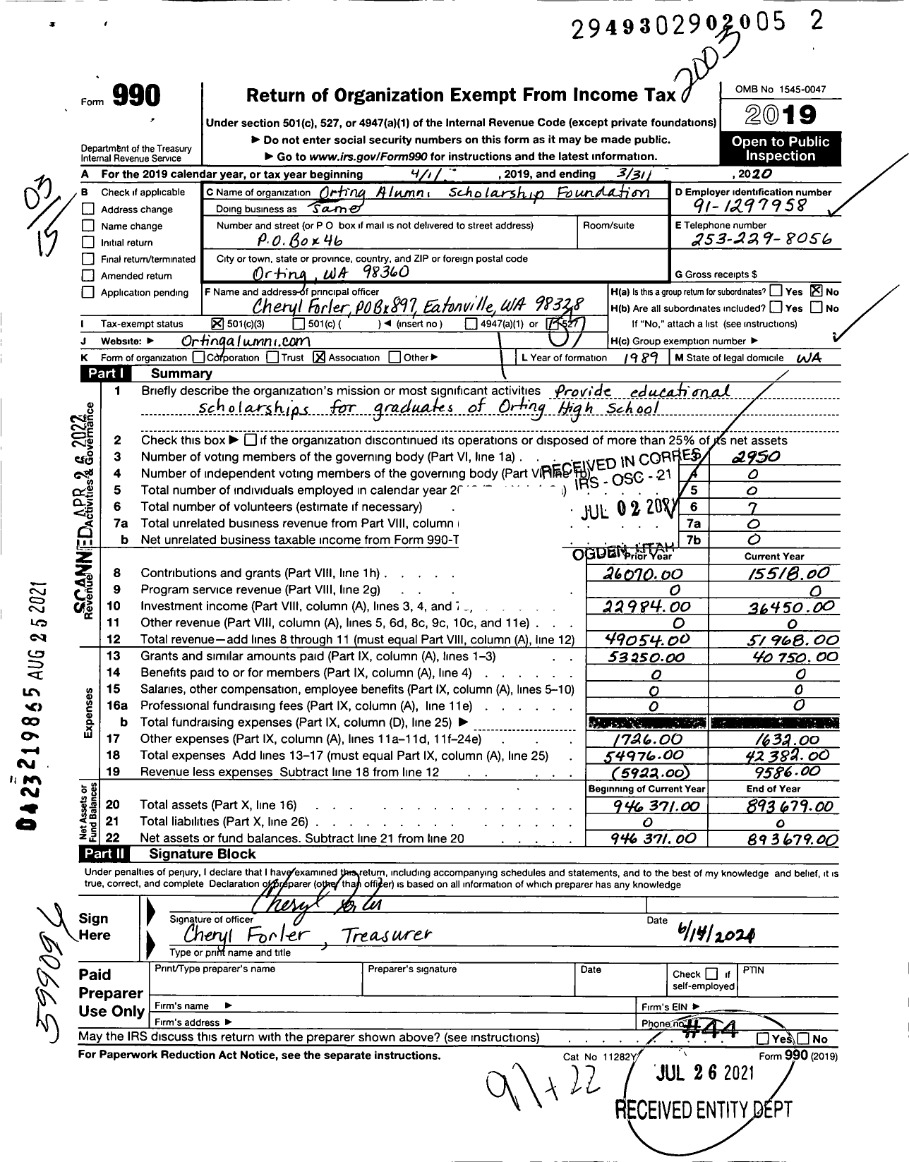 Image of first page of 2019 Form 990 for Orting Alumni Scholarship Foundation