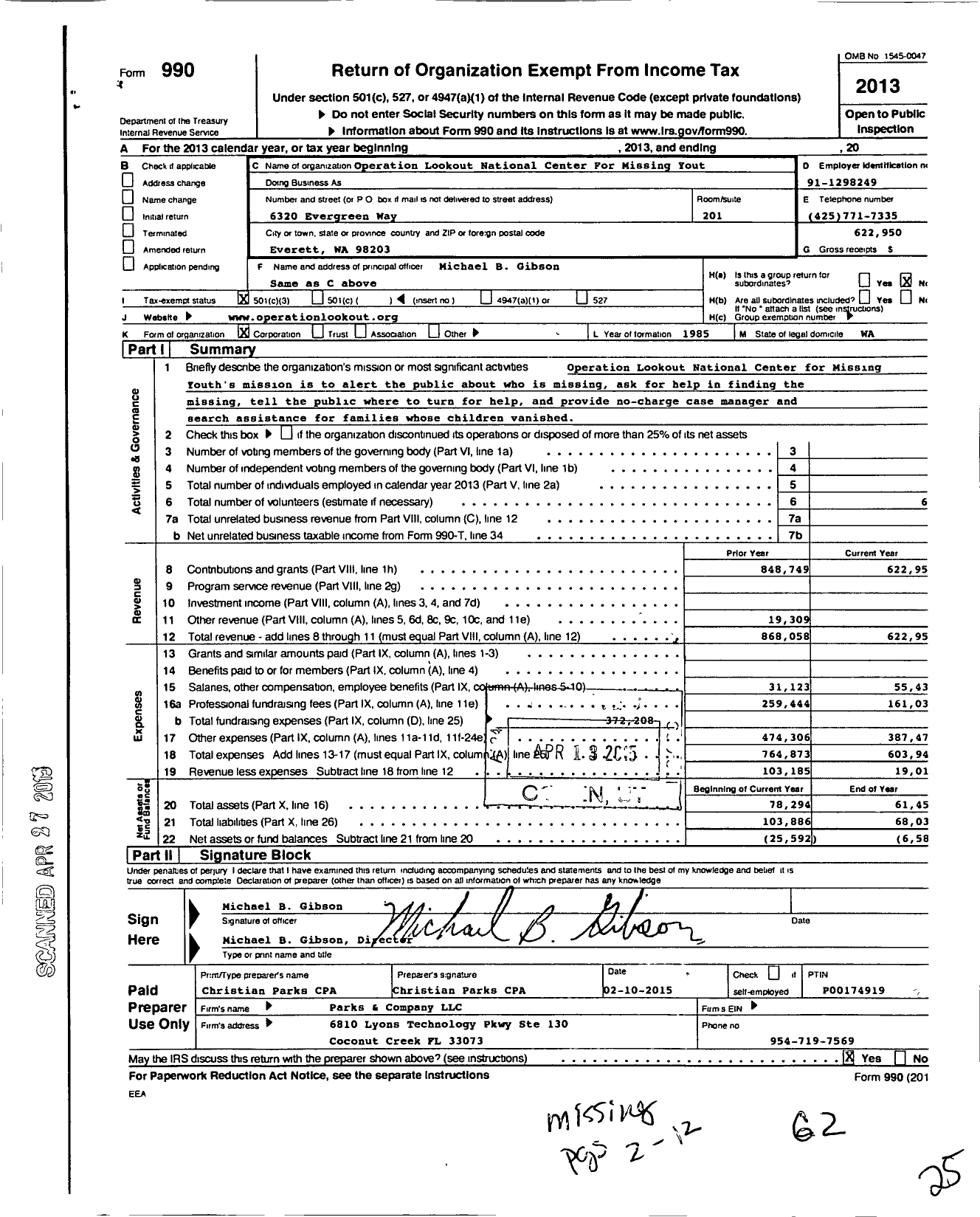 Image of first page of 2013 Form 990 for Operation Lookout National Center For Missing Youth