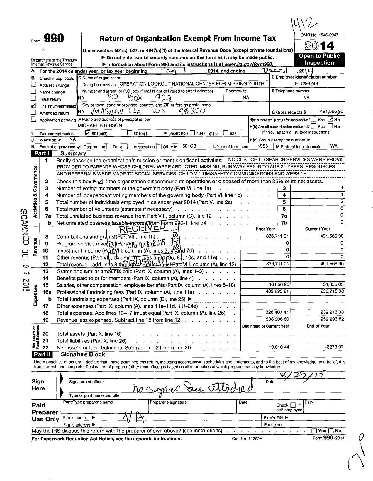 Image of first page of 2014 Form 990 for Operation Lookout National Center For Missing Youth