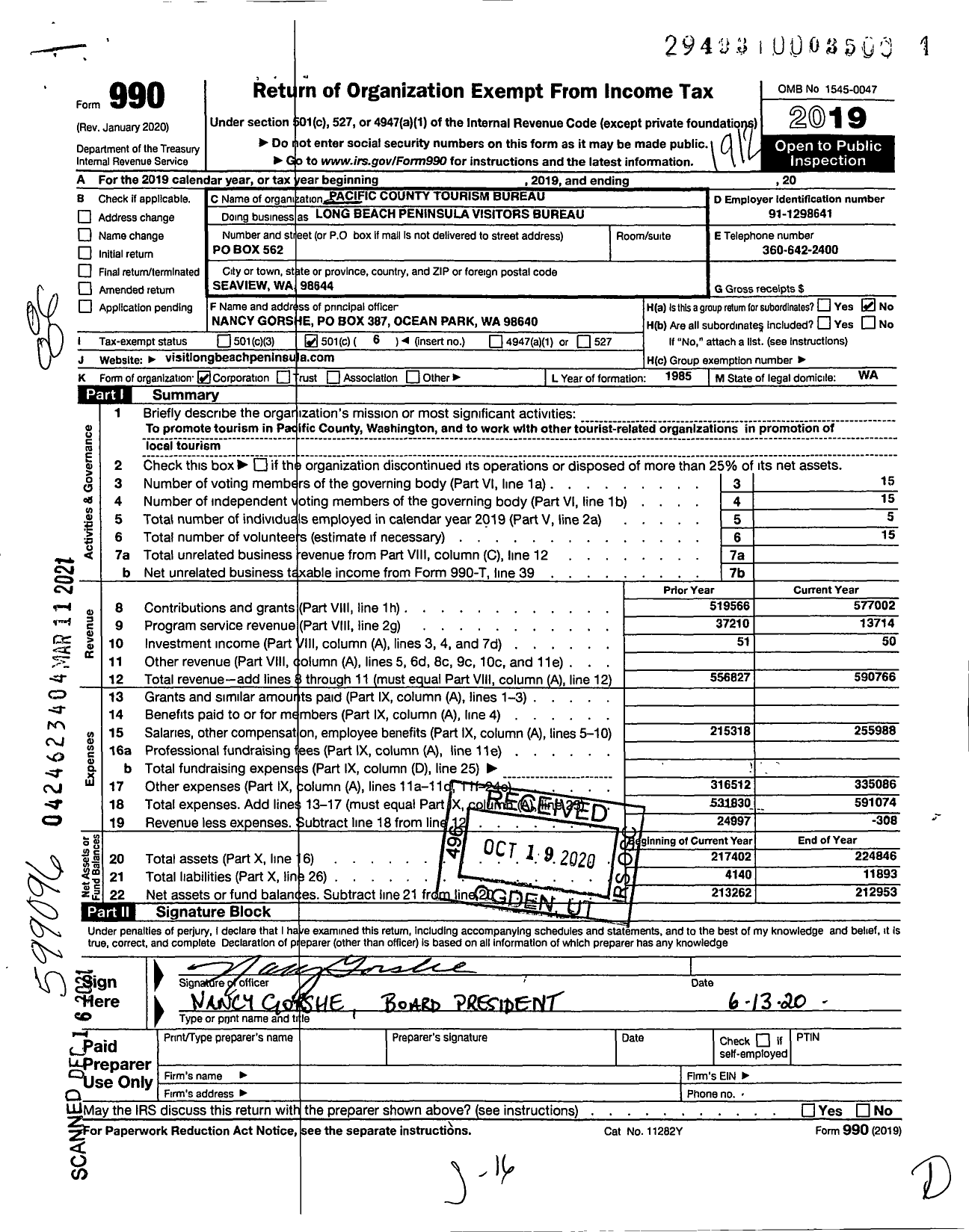 Image of first page of 2019 Form 990O for PACIFIC COUNTY TOURISM BUREAU Long Beach Peninsula Visitors BUREAU