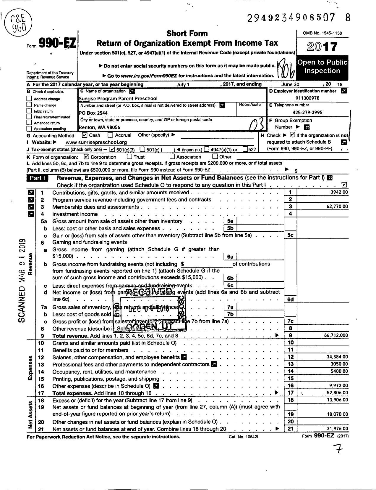 Image of first page of 2017 Form 990EZ for Sunrise Program Parent Preschool for Gifted and Talented Children