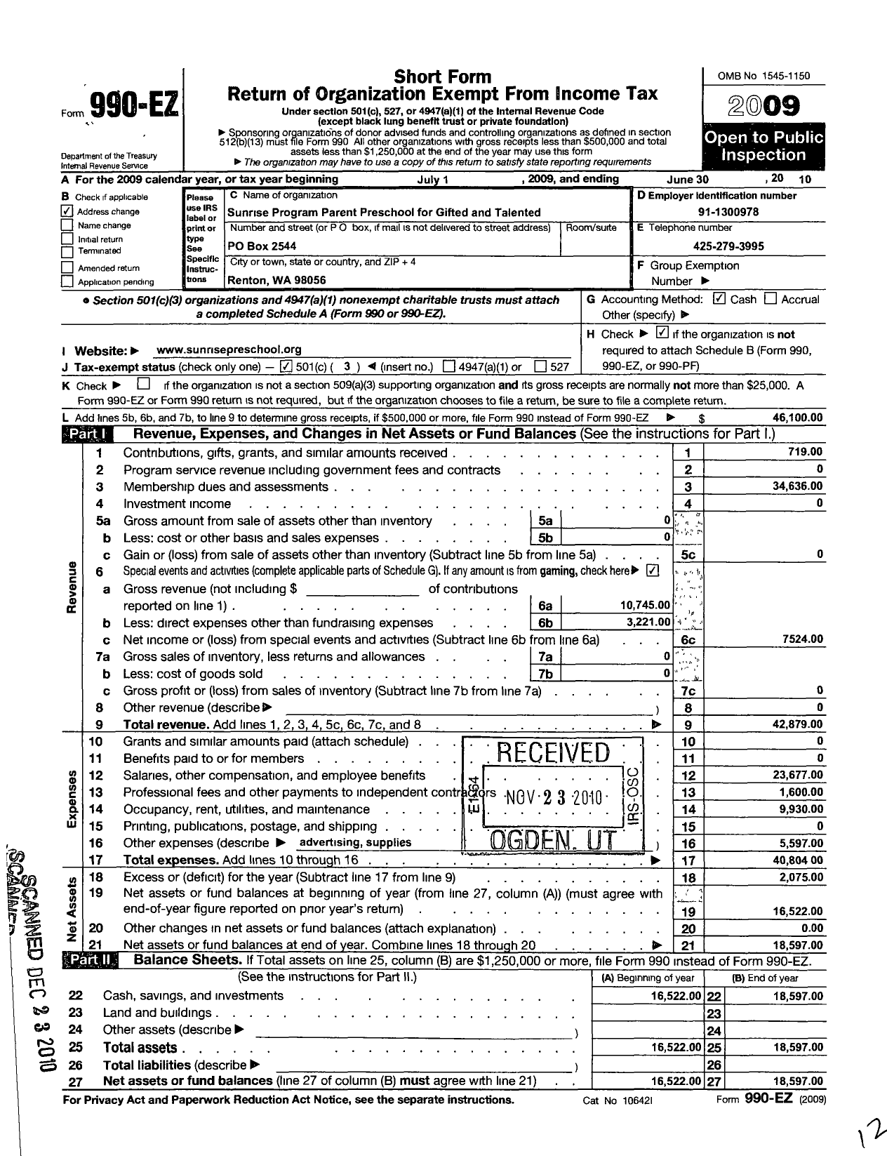 Image of first page of 2009 Form 990EZ for Sunrise Program Parent Preschool for Gifted and Talented Children