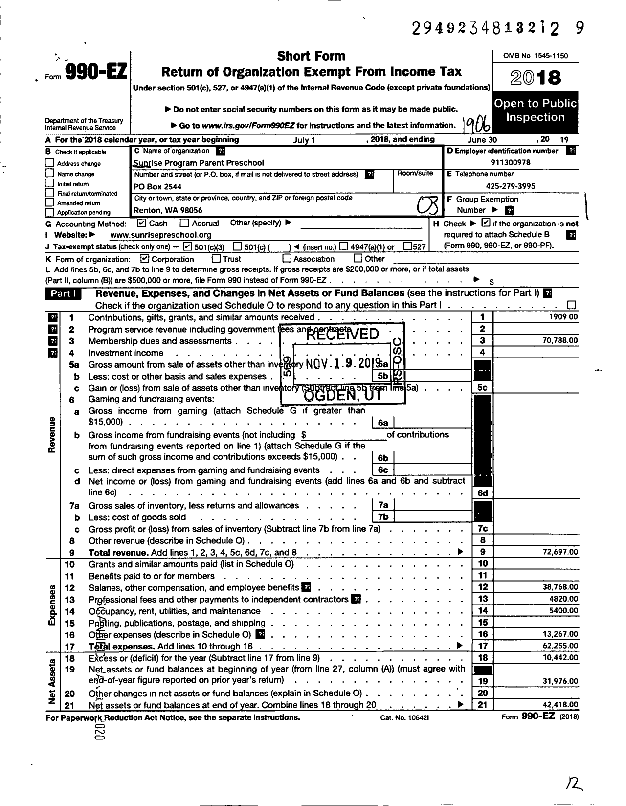 Image of first page of 2018 Form 990EZ for Sunrise Program Parent Preschool for Gifted and Talented Children